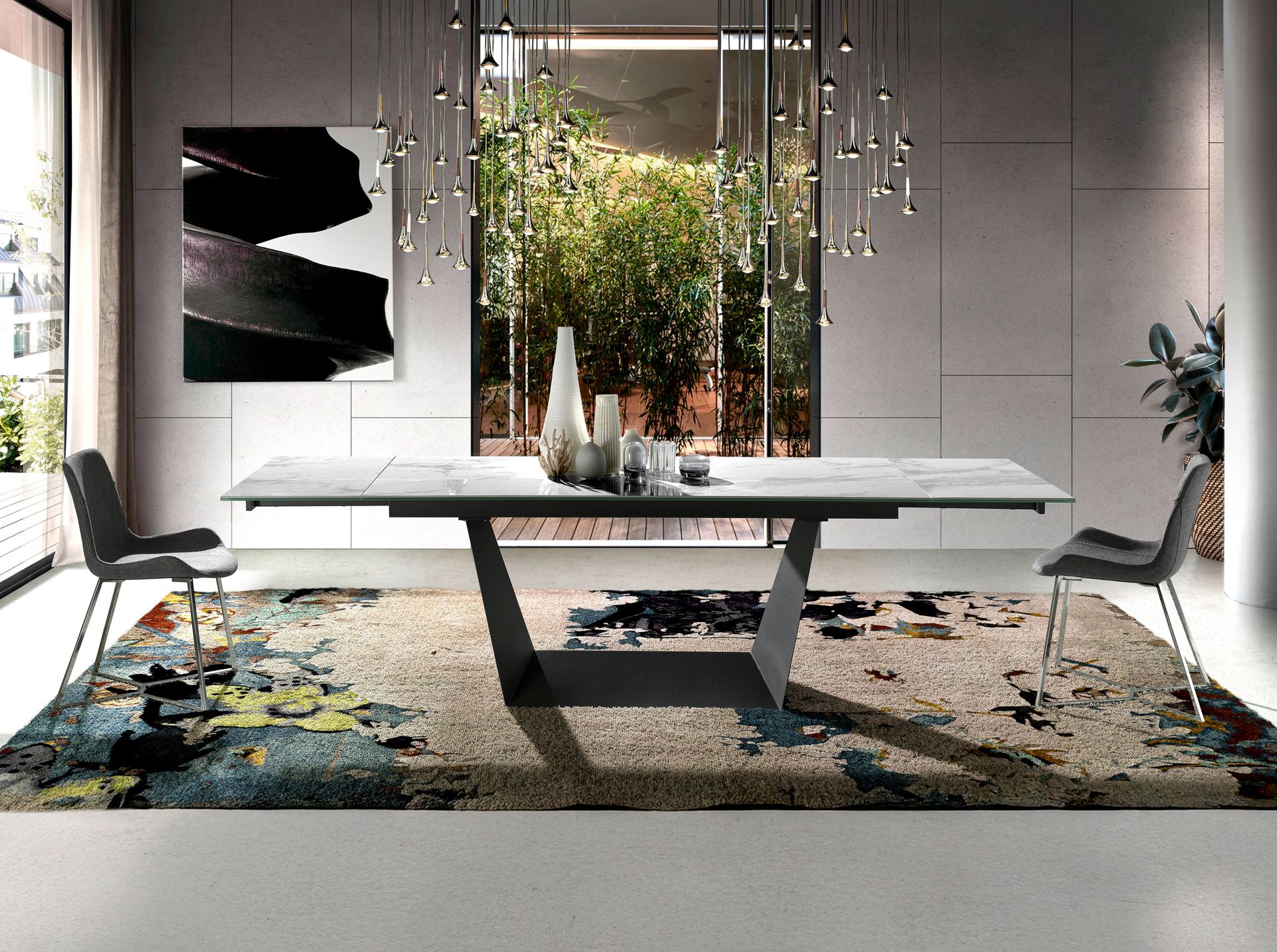 Rectangular porcelain marble and black steel extending dining table