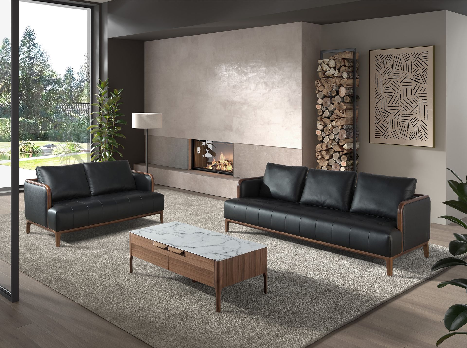 Rectangular glass coffee table imitating marble and walnut