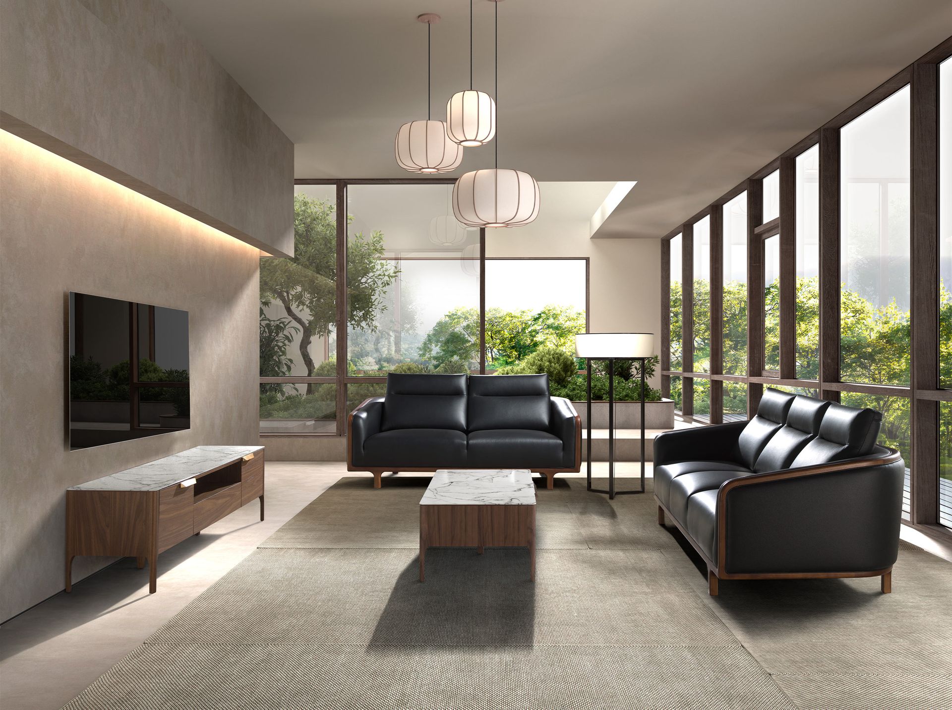 Rectangular glass coffee table imitating marble and walnut