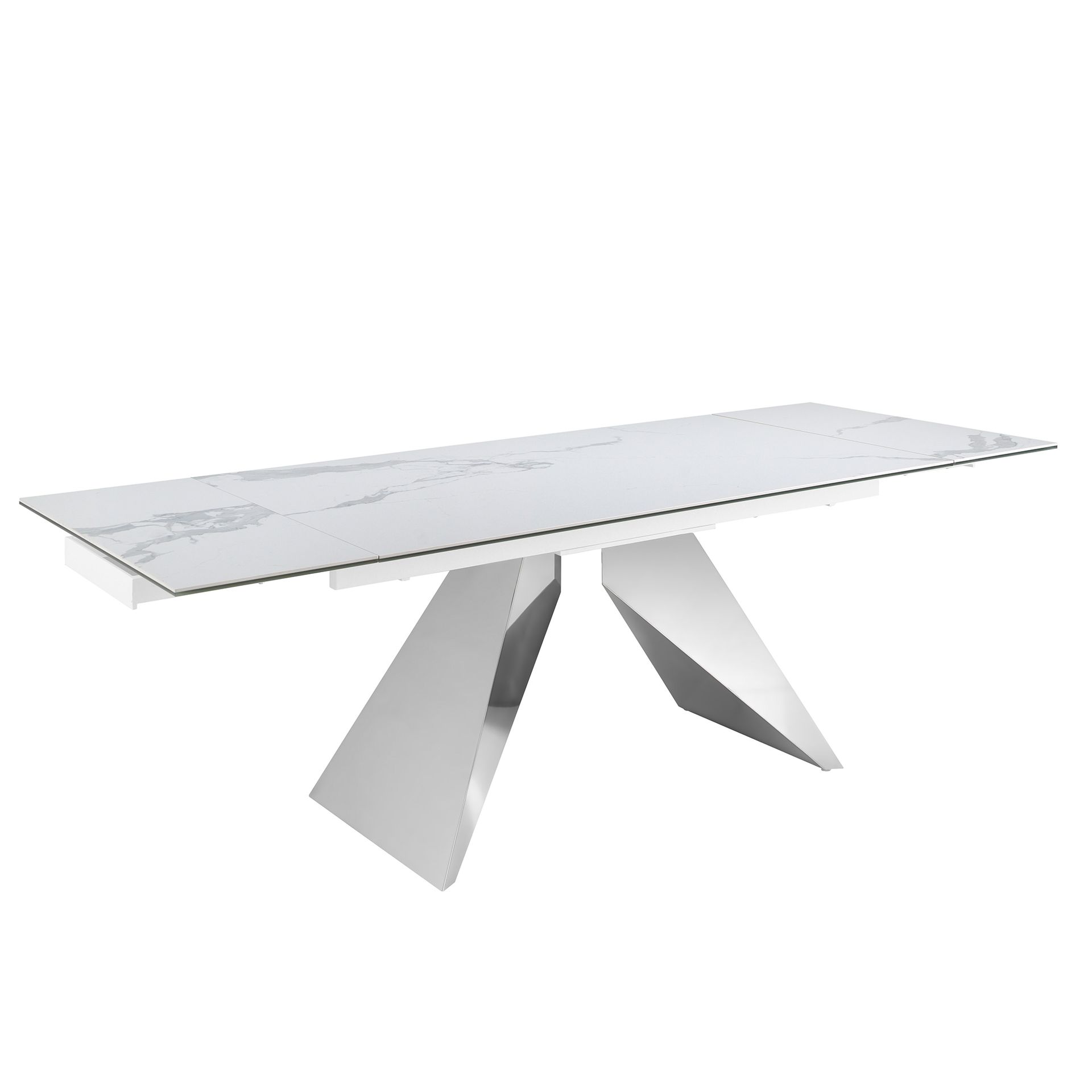 Rectangular porcelain marble and chrome-plated steel extending dining table