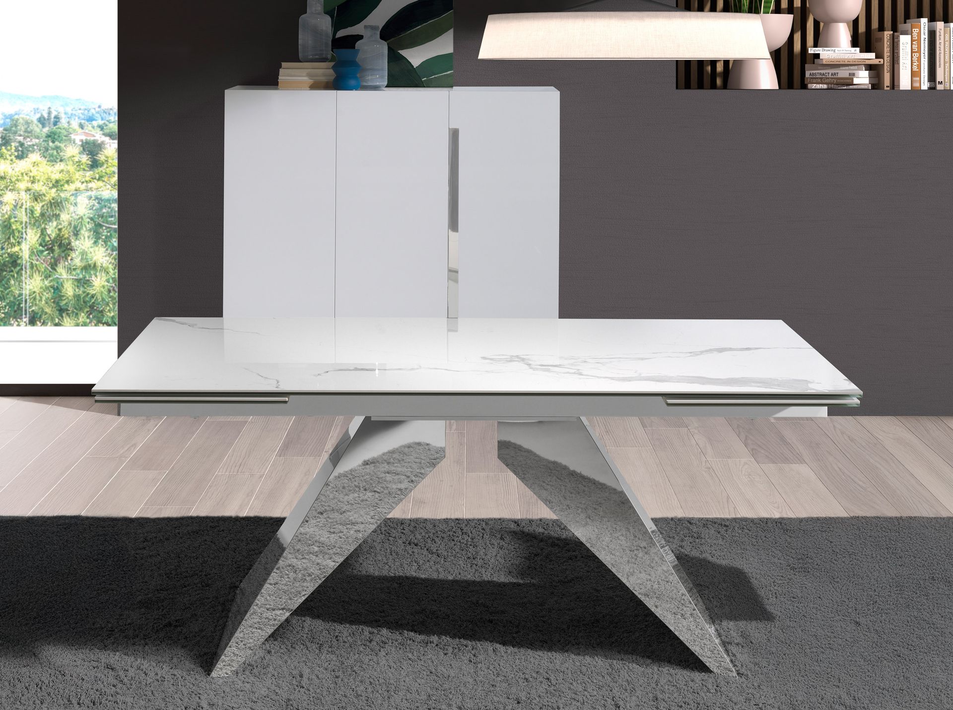 Rectangular porcelain marble and chrome-plated steel extending dining table