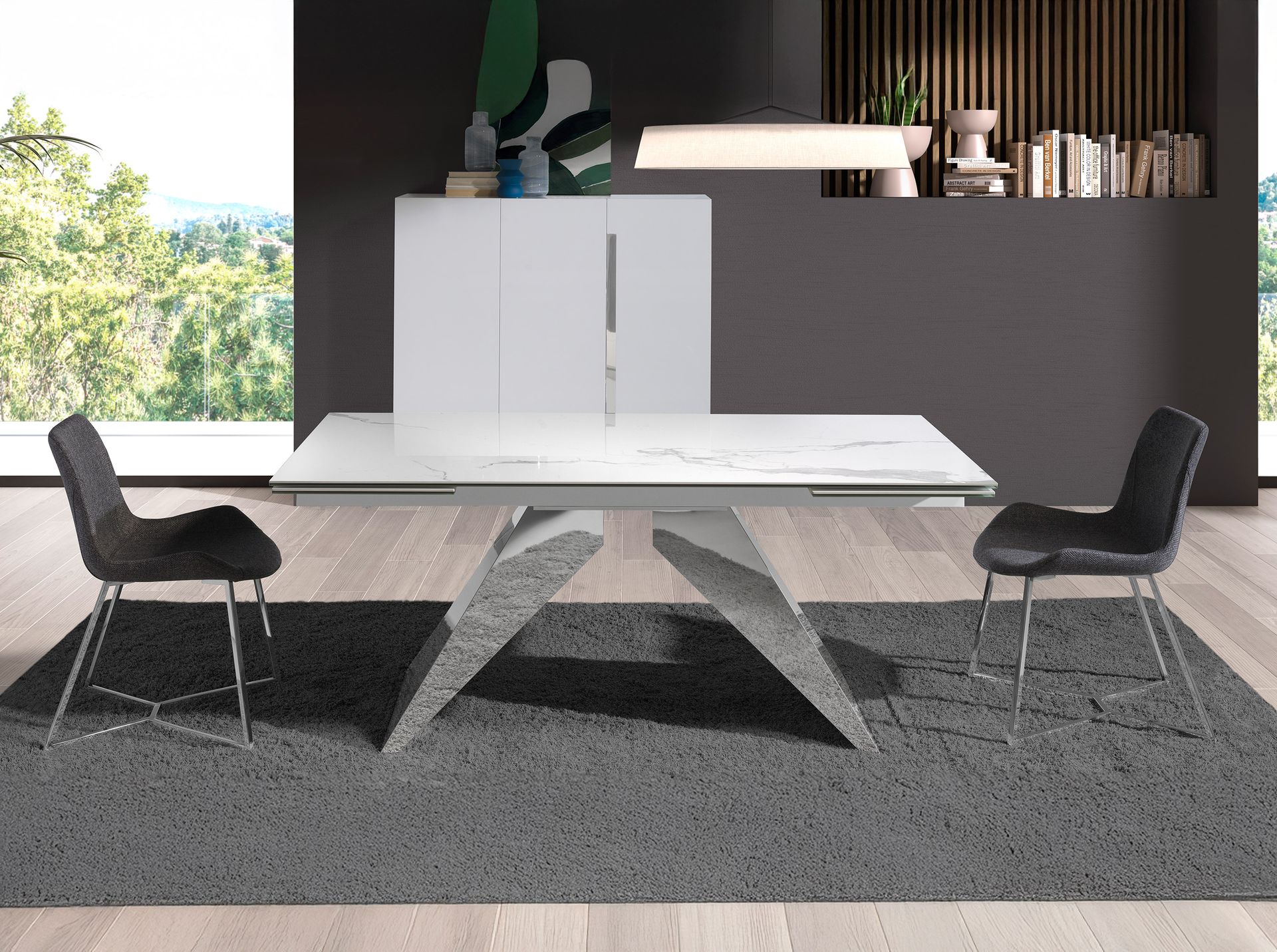 Rectangular porcelain marble and chrome-plated steel extending dining table