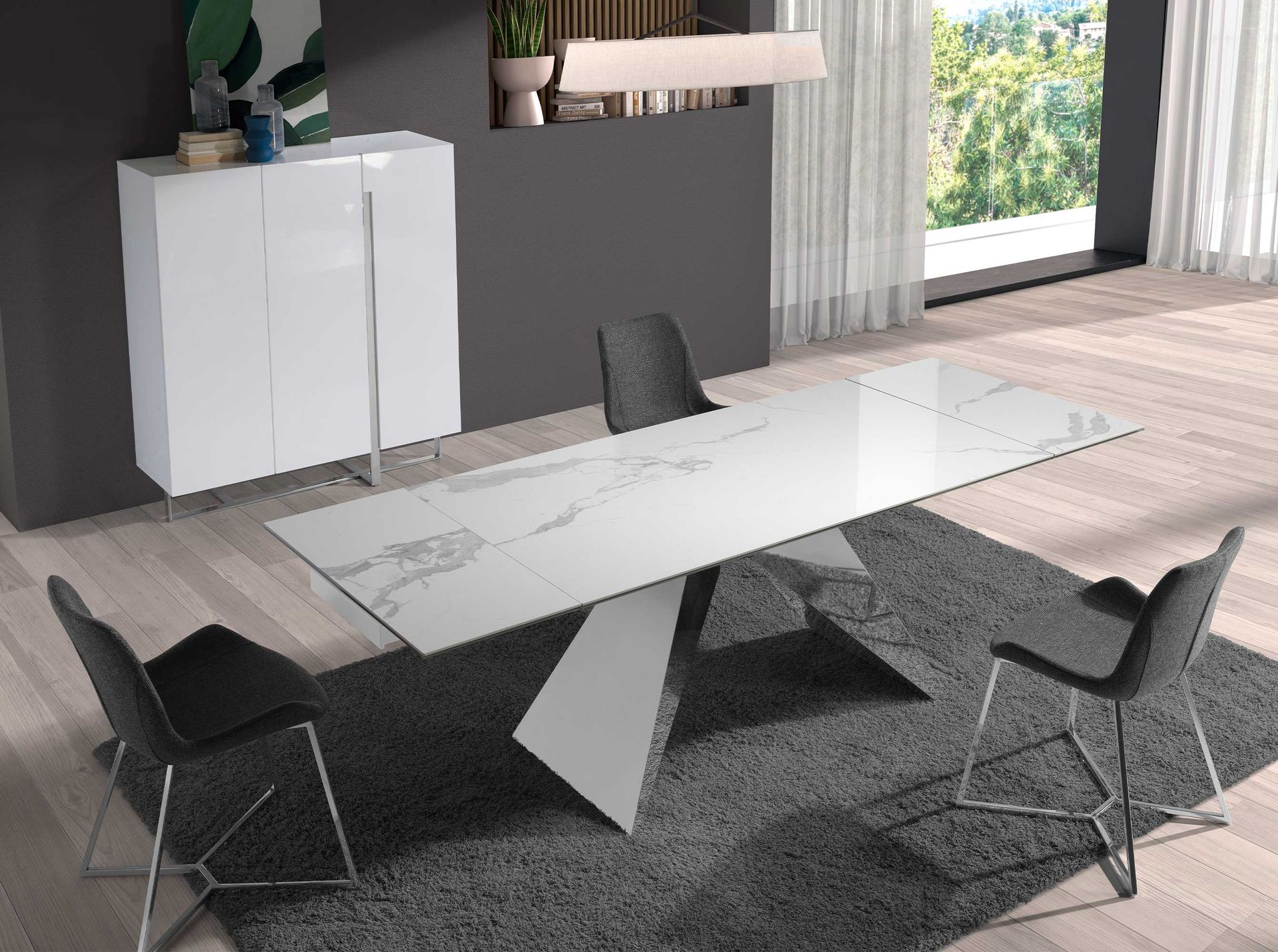 Rectangular porcelain marble and chrome-plated steel extending dining table