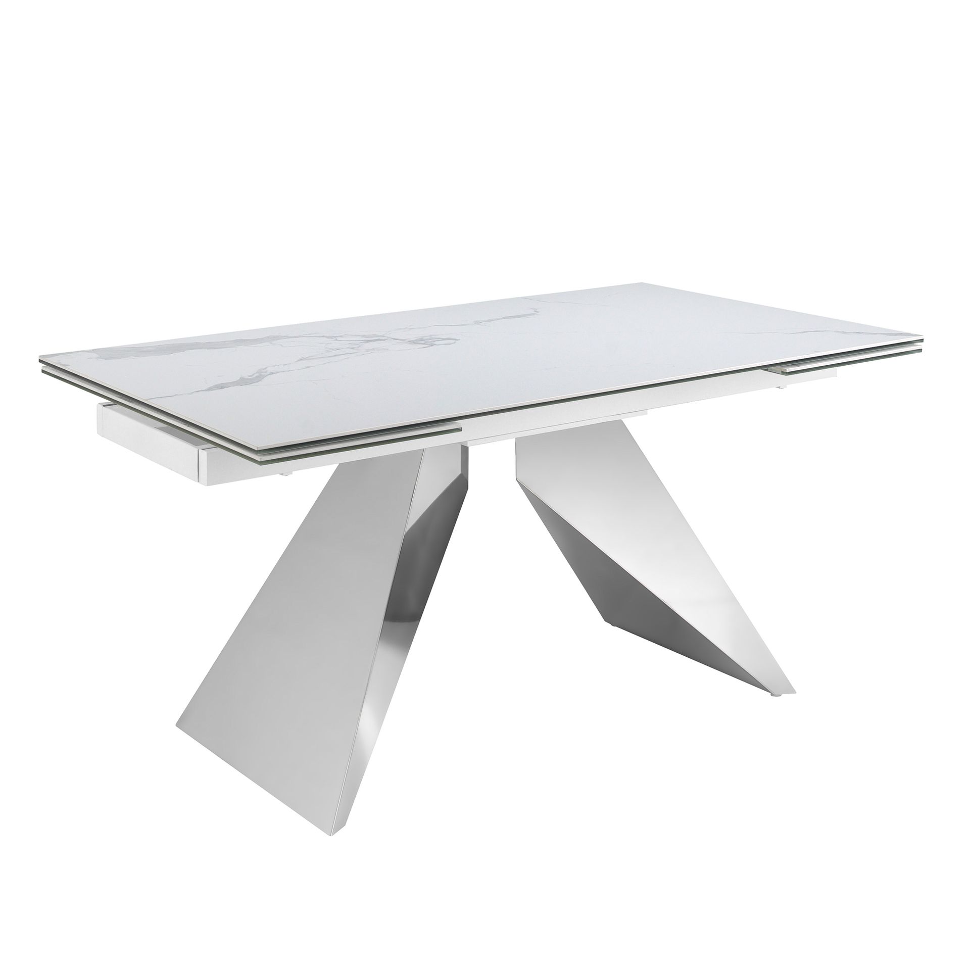 Rectangular porcelain marble and chrome-plated steel extending dining table
