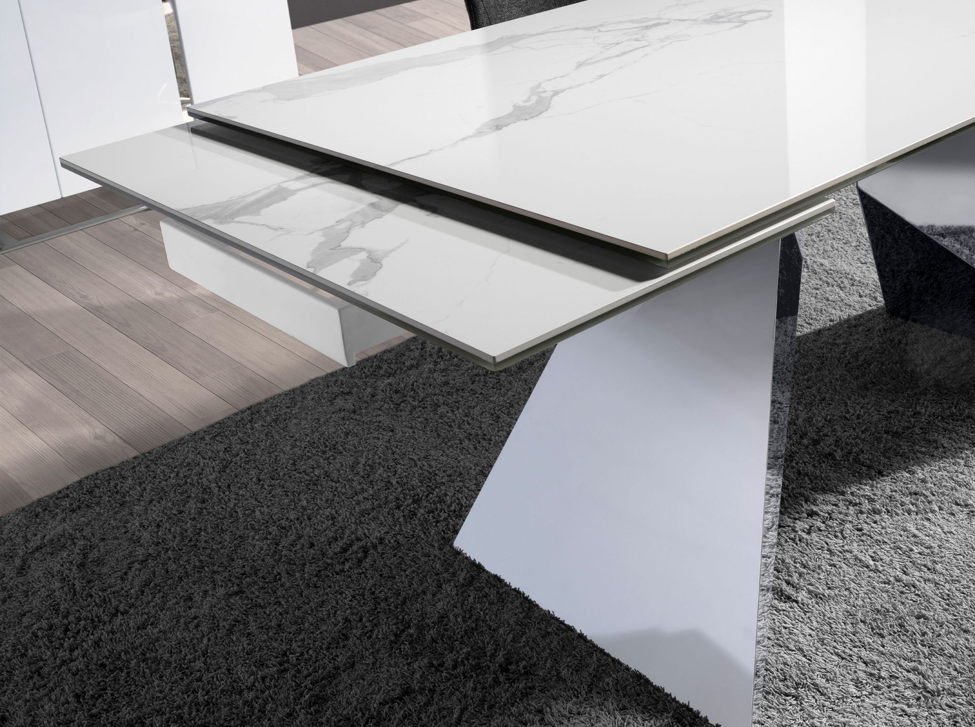 Rectangular porcelain marble and chrome-plated steel extending dining table