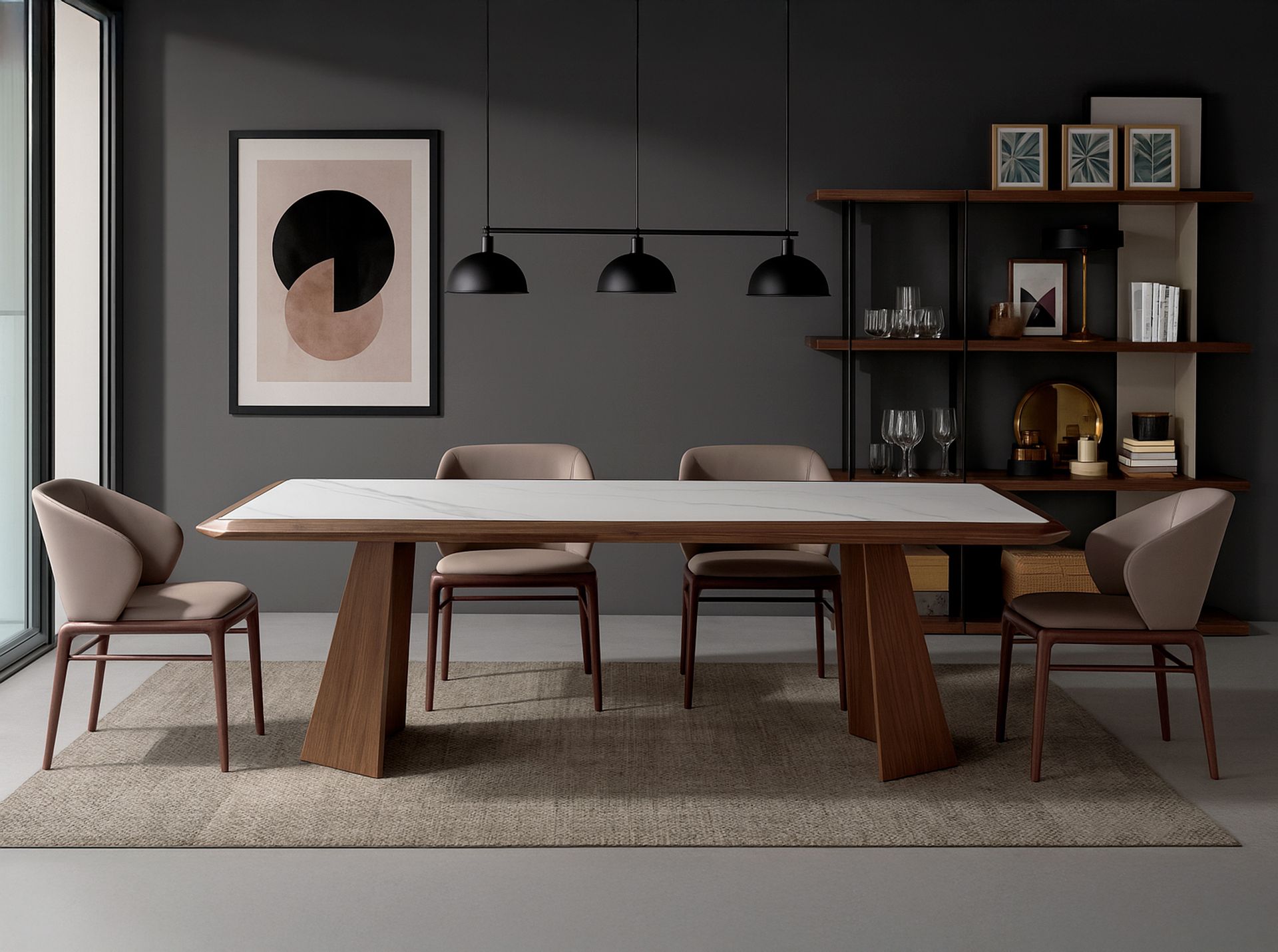 Rectangular porcelain marble and walnut dining table