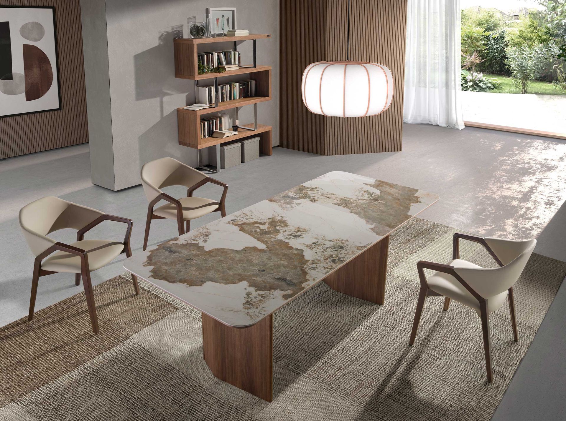 Rectangular porcelain marble and walnut dining table