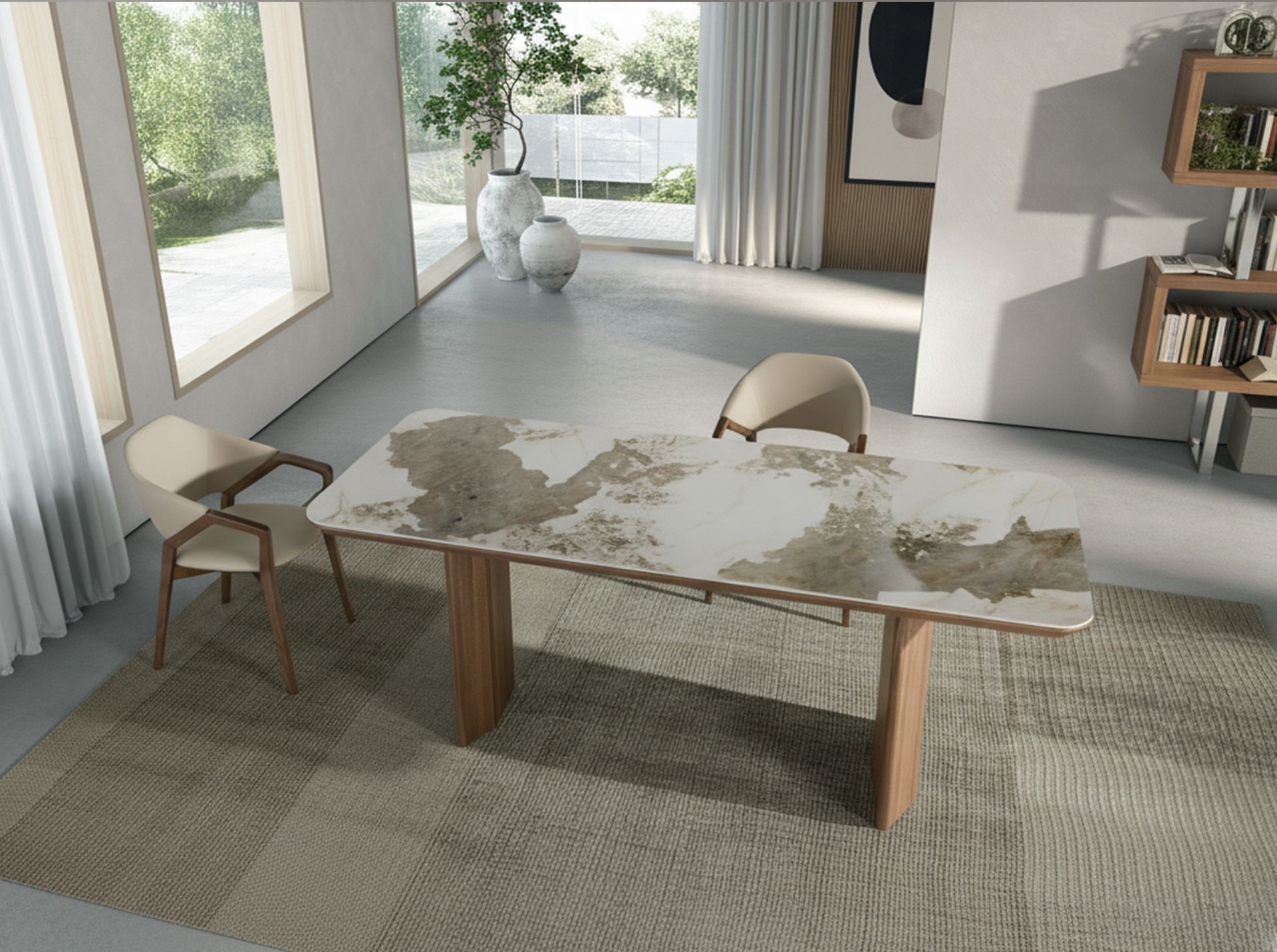 Rectangular porcelain marble and walnut dining table