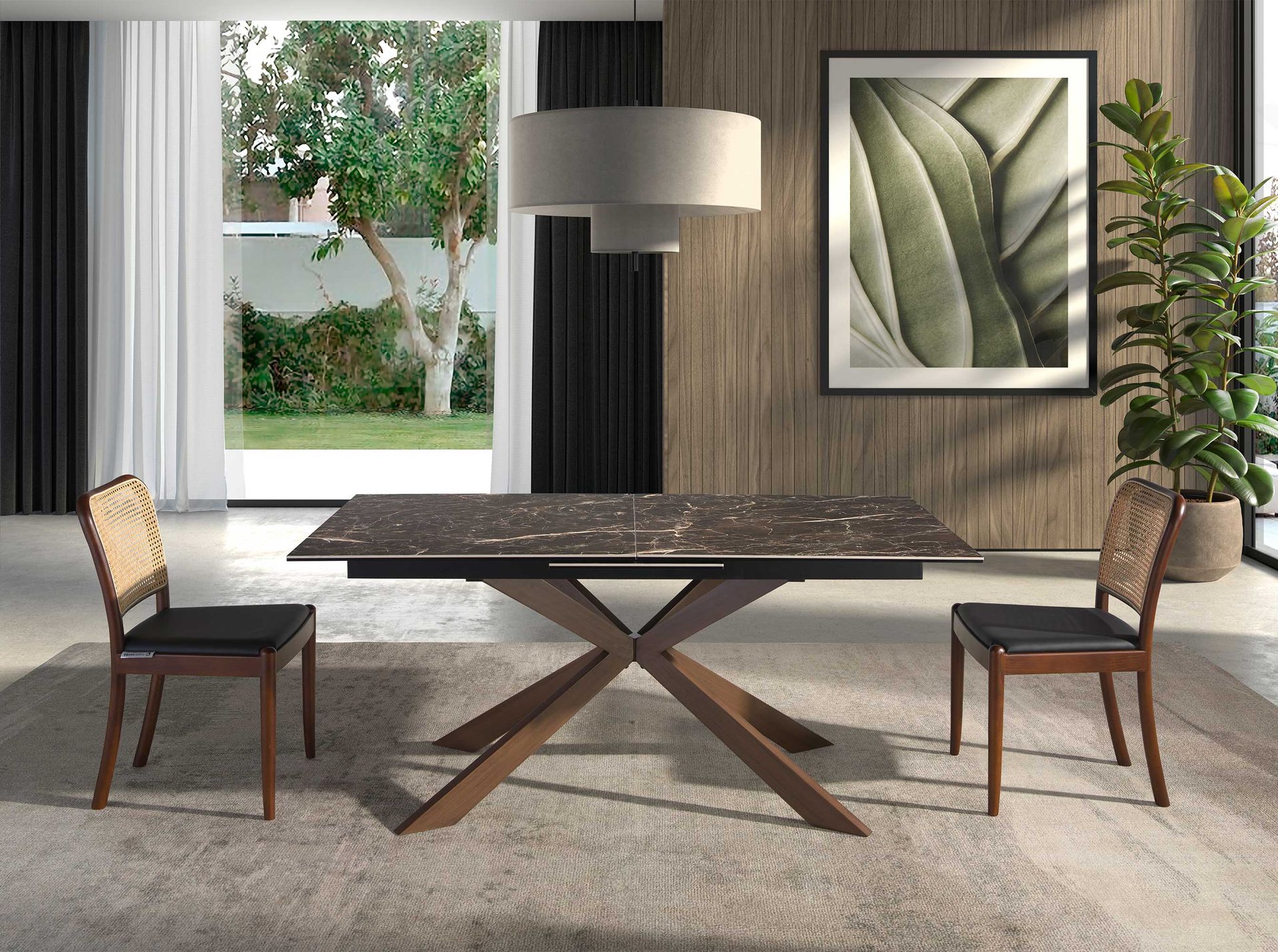Rectangular porcelain marble and walnut effect steel extending dining table