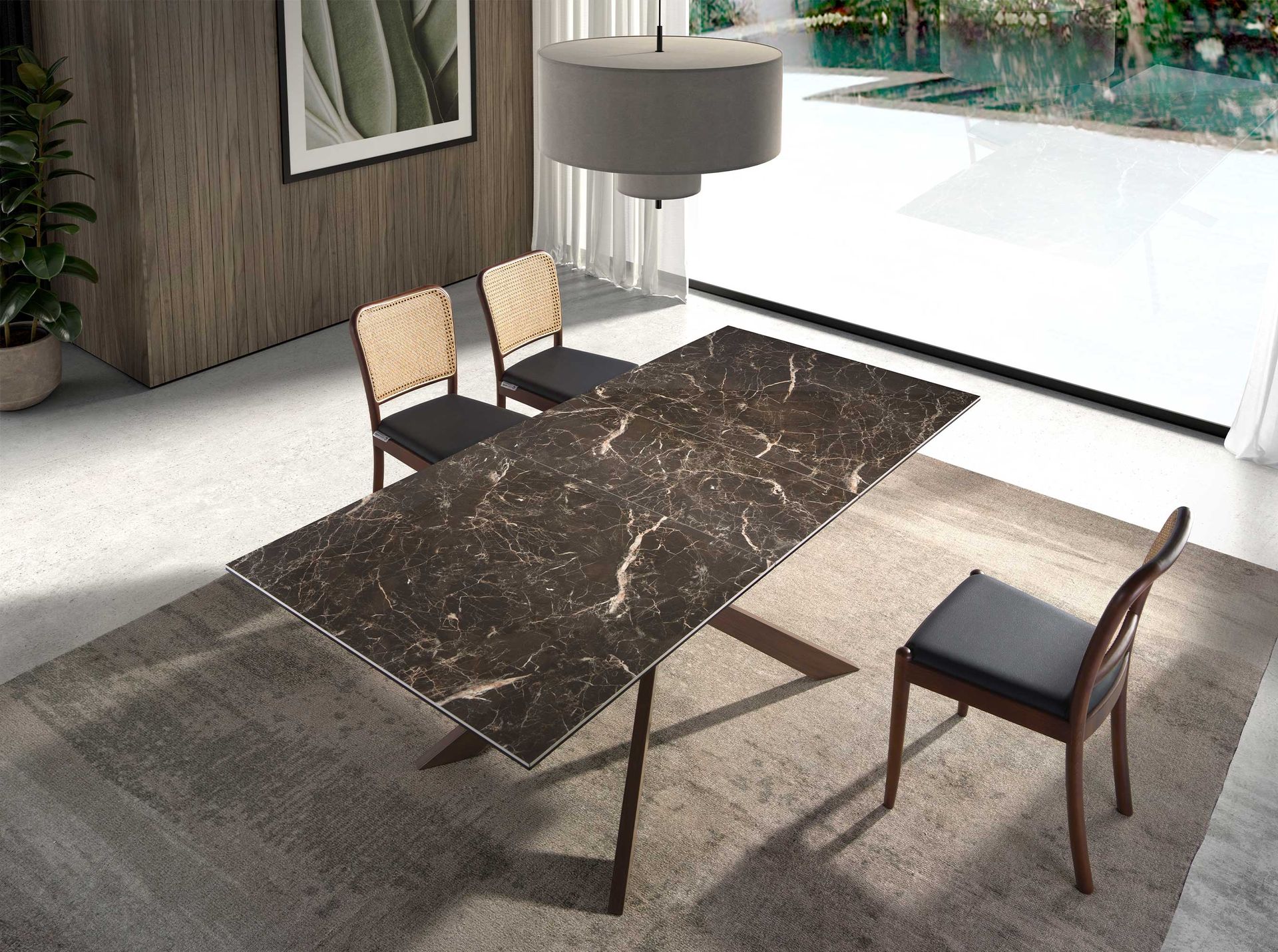 Rectangular porcelain marble and walnut effect steel extending dining table