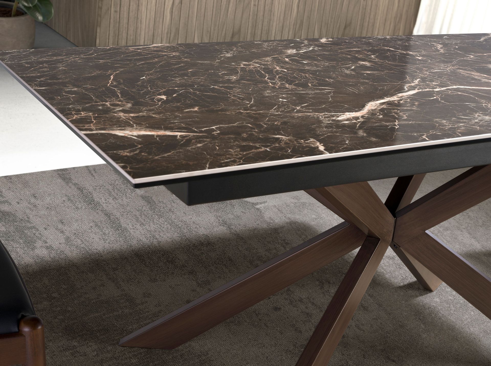 Rectangular porcelain marble and walnut effect steel extending dining table