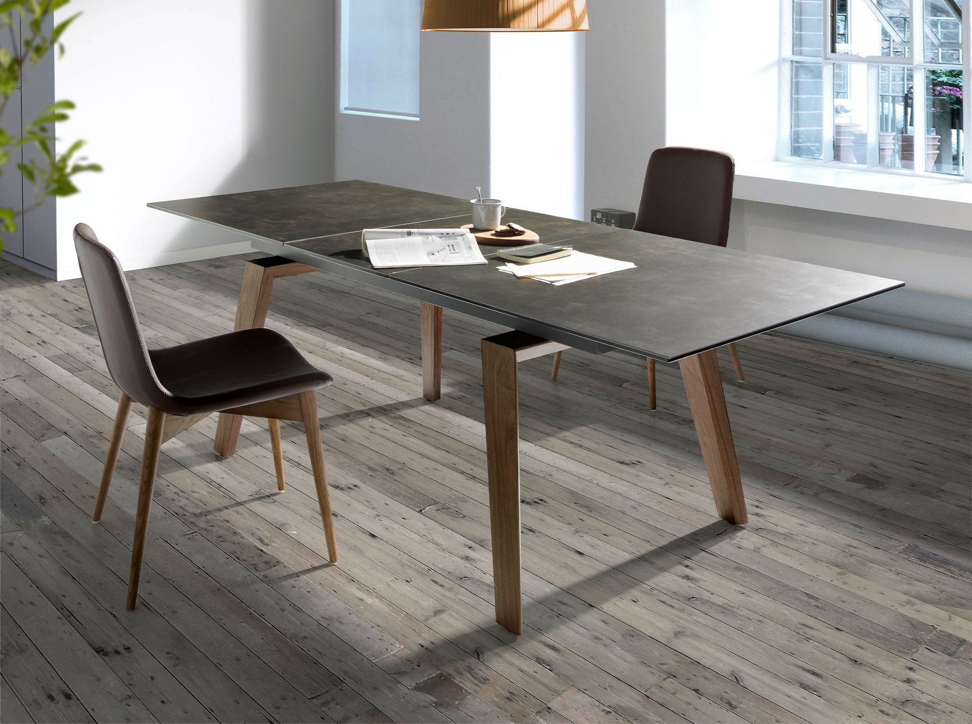 Rectangular porcelain marble and walnut extending dining table