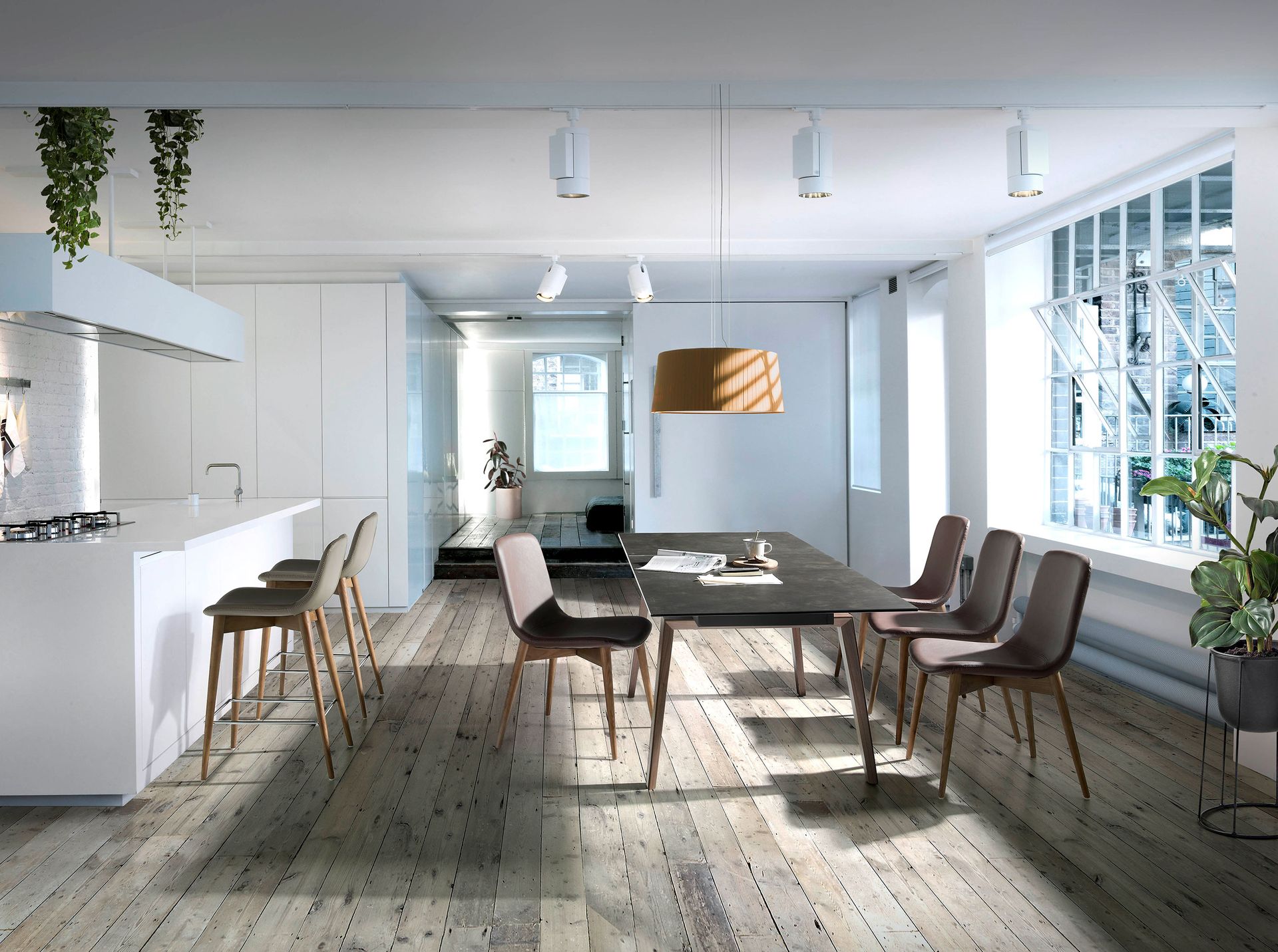 Rectangular porcelain marble and walnut extending dining table