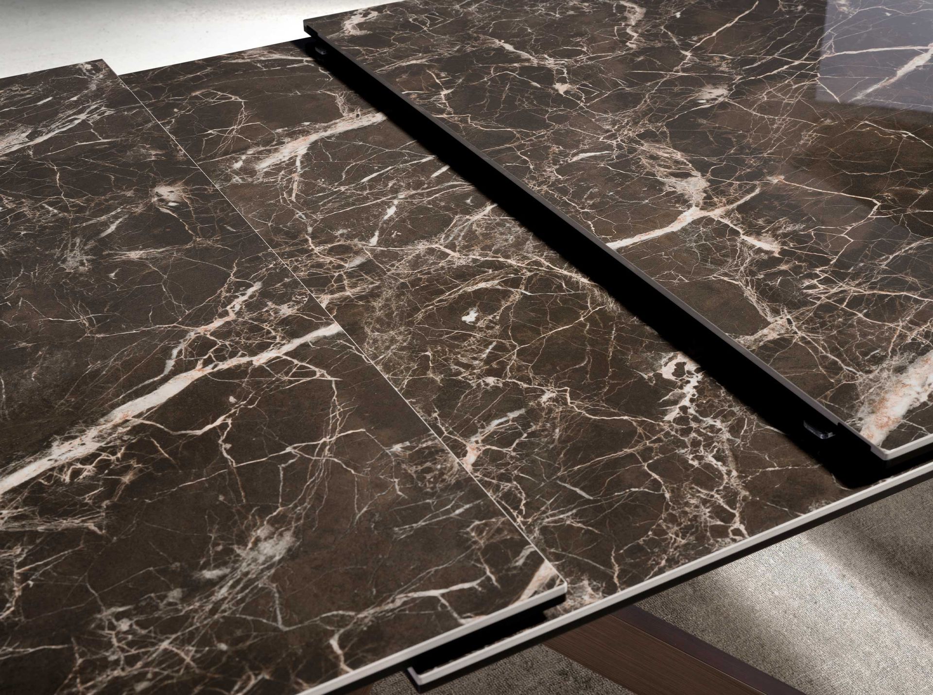 Rectangular porcelain marble and walnut effect steel extending dining table