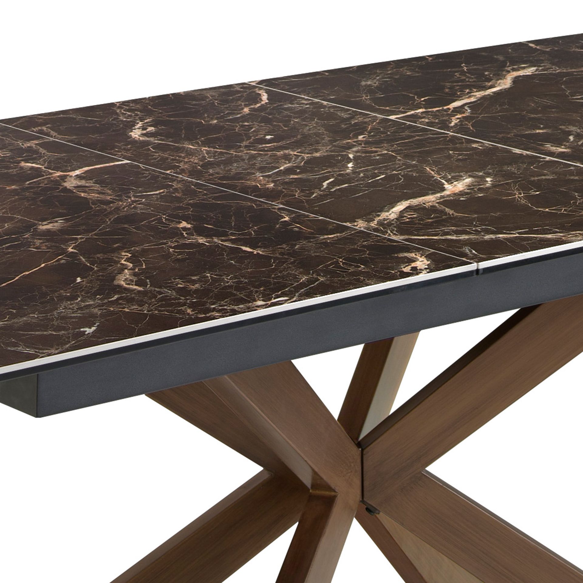 Rectangular porcelain marble and walnut effect steel extending dining table