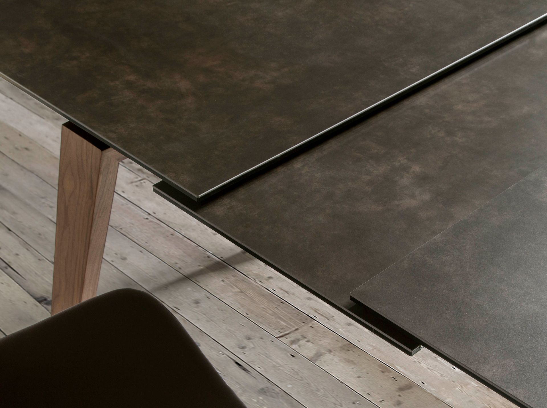 Rectangular porcelain marble and walnut extending dining table