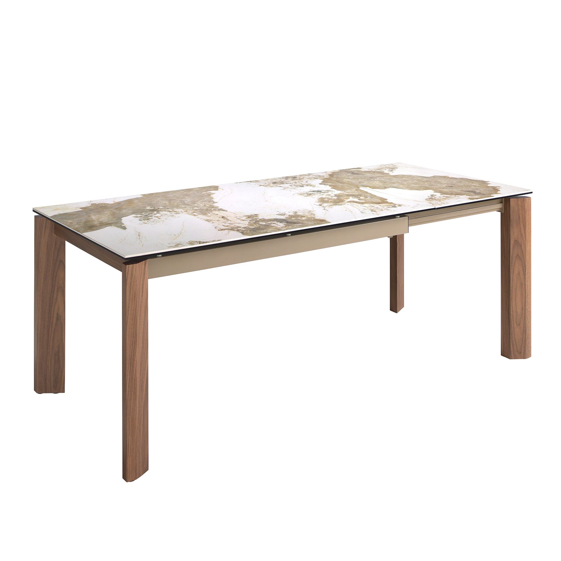 Rectangular porcelain marble and walnut extending dining table
