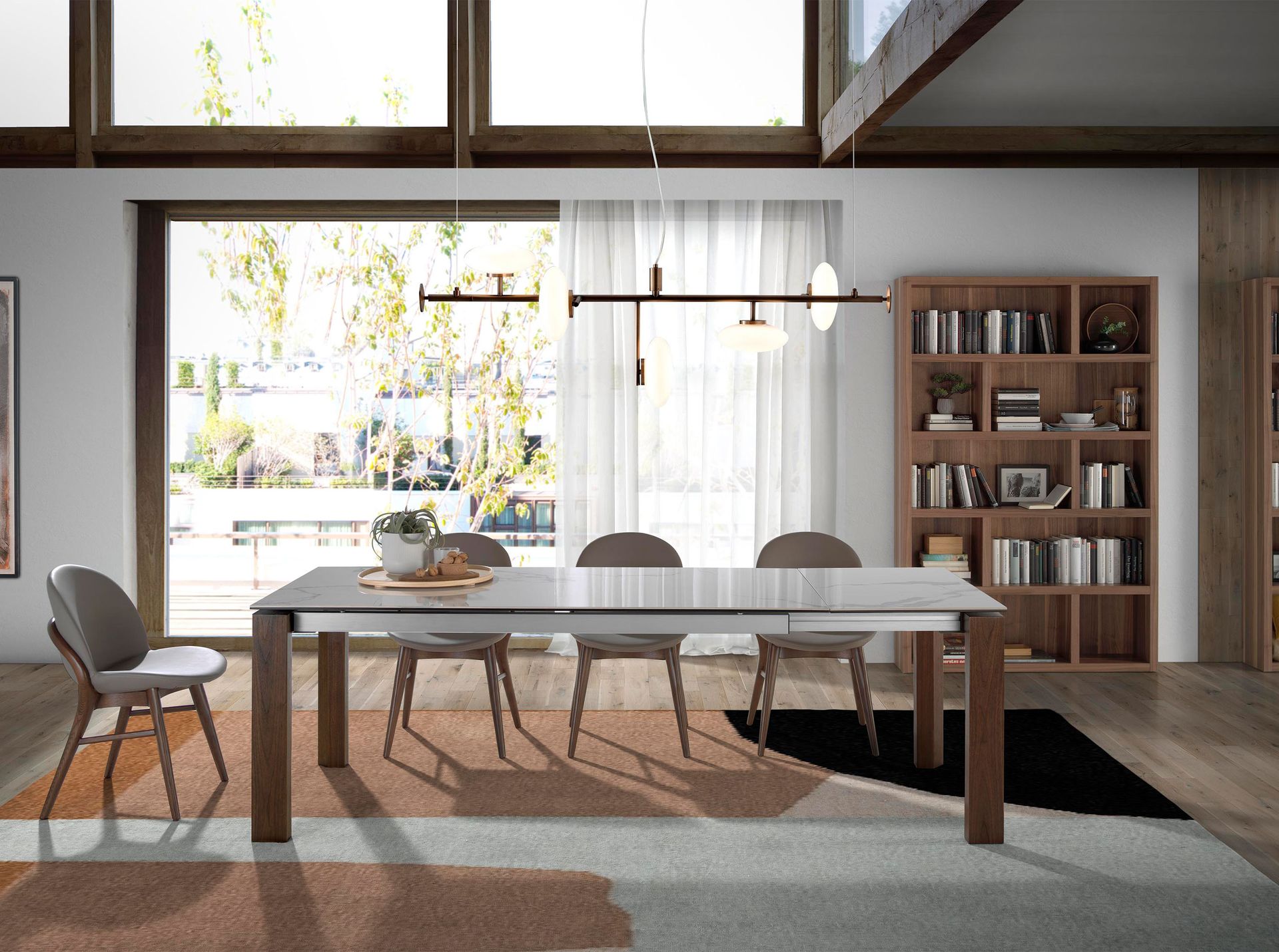 Rectangular porcelain marble and walnut extending dining table