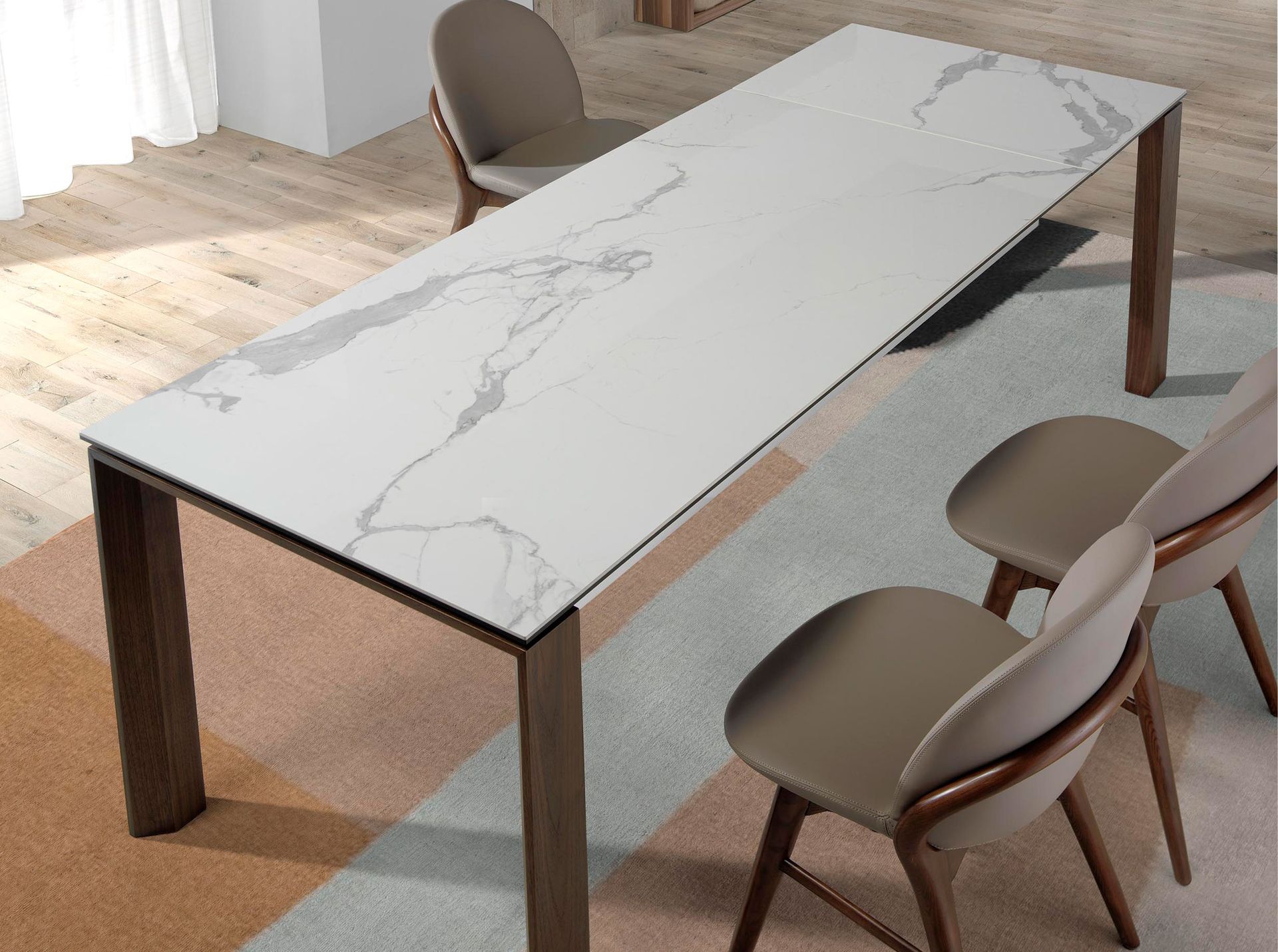 Rectangular porcelain marble and walnut extending dining table