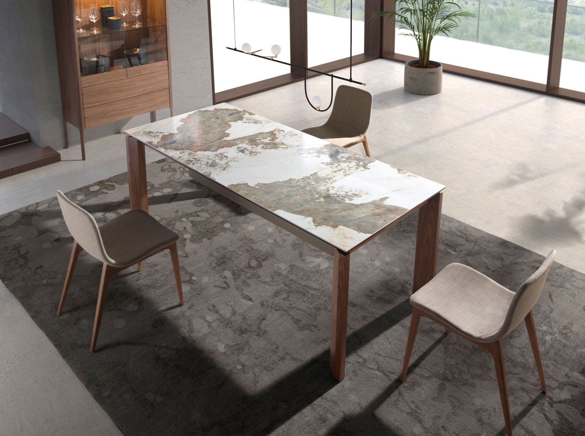Rectangular porcelain marble and walnut extending dining table