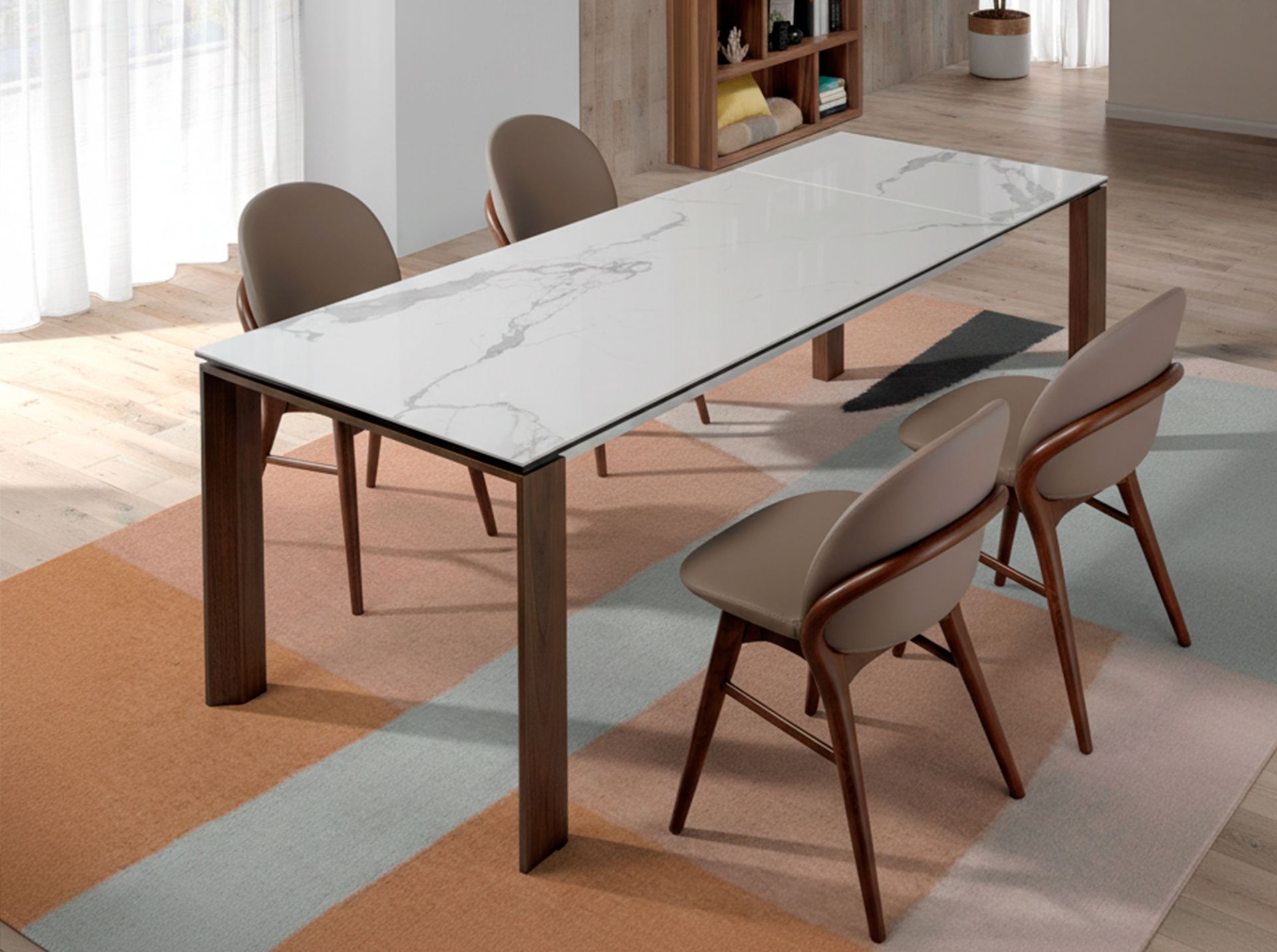 Rectangular porcelain marble and walnut extending dining table
