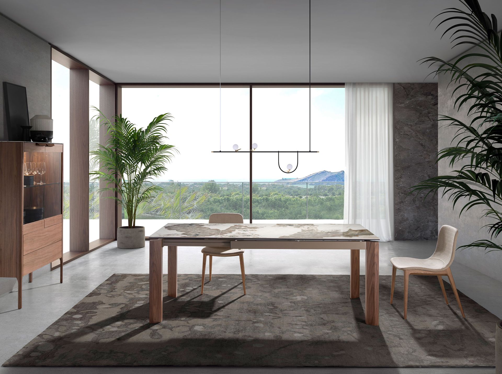 Rectangular porcelain marble and walnut extending dining table