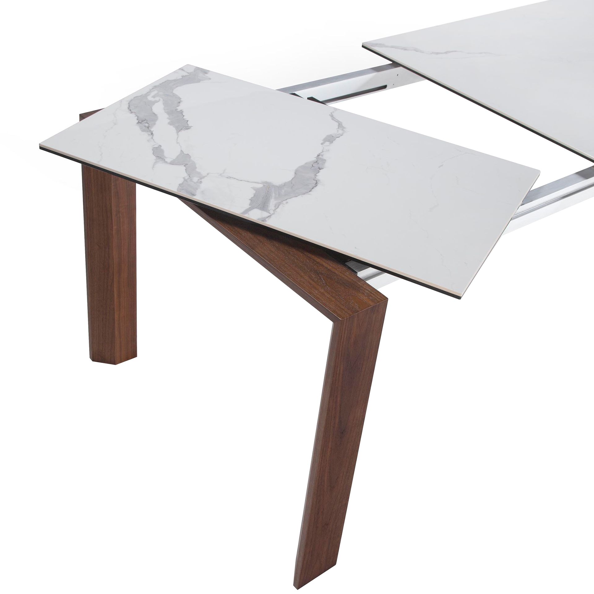 Rectangular porcelain marble and walnut extending dining table