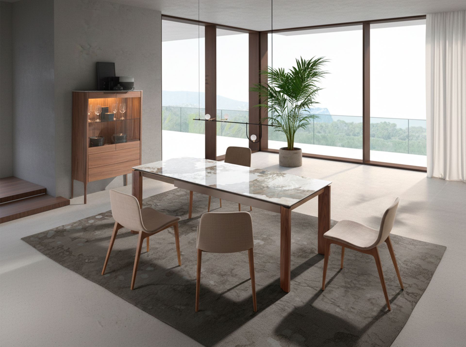 Rectangular porcelain marble and walnut extending dining table