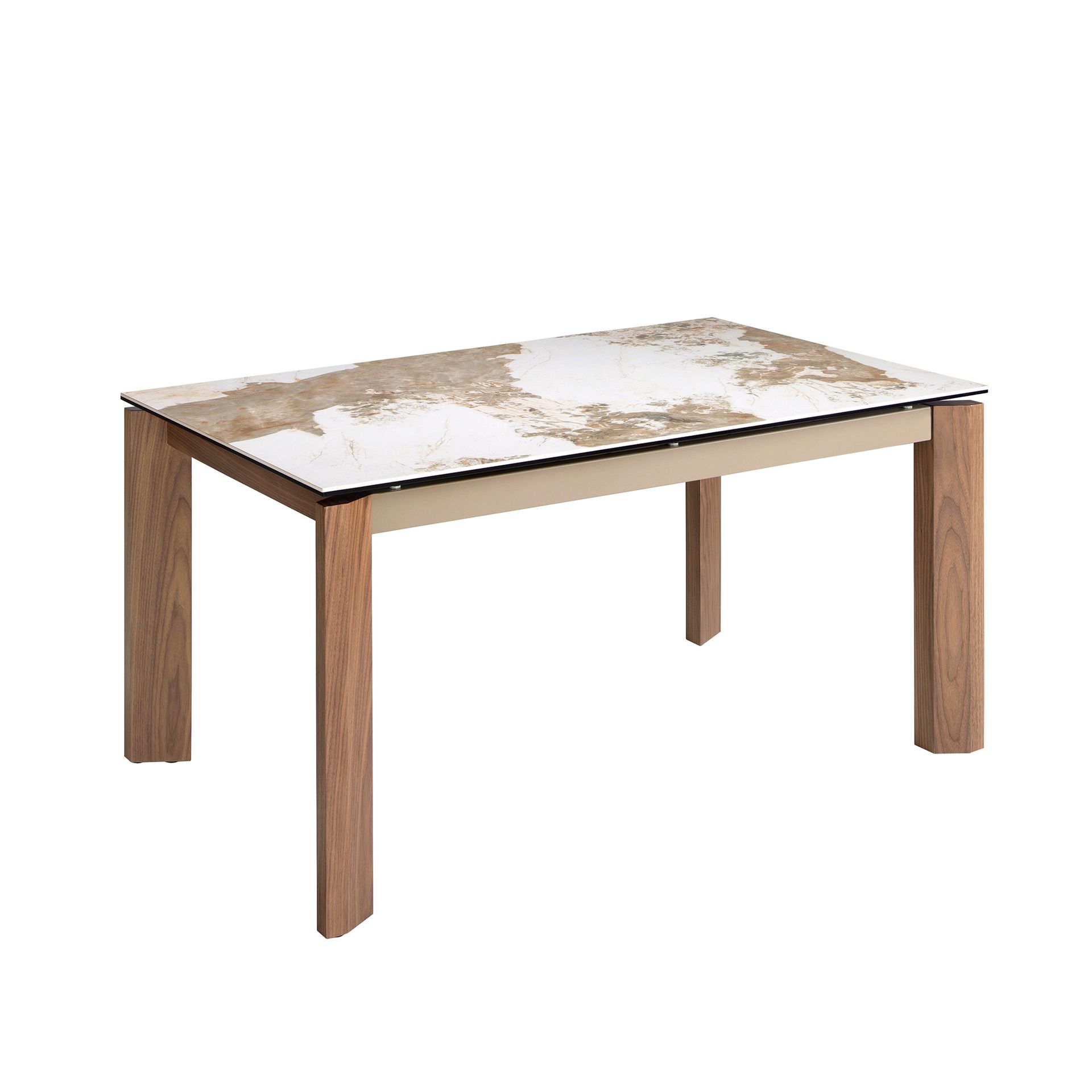 Rectangular porcelain marble and walnut extending dining table