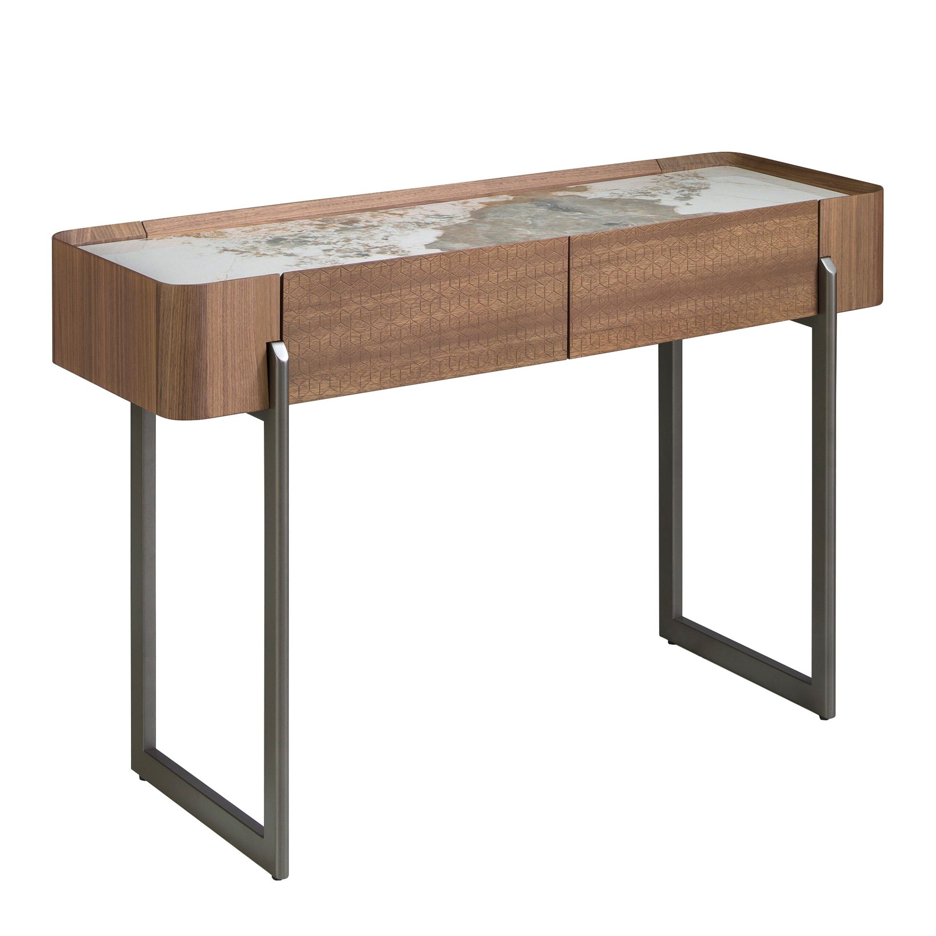 Rectangular porcelain marble, walnut and dark metallic steel console table