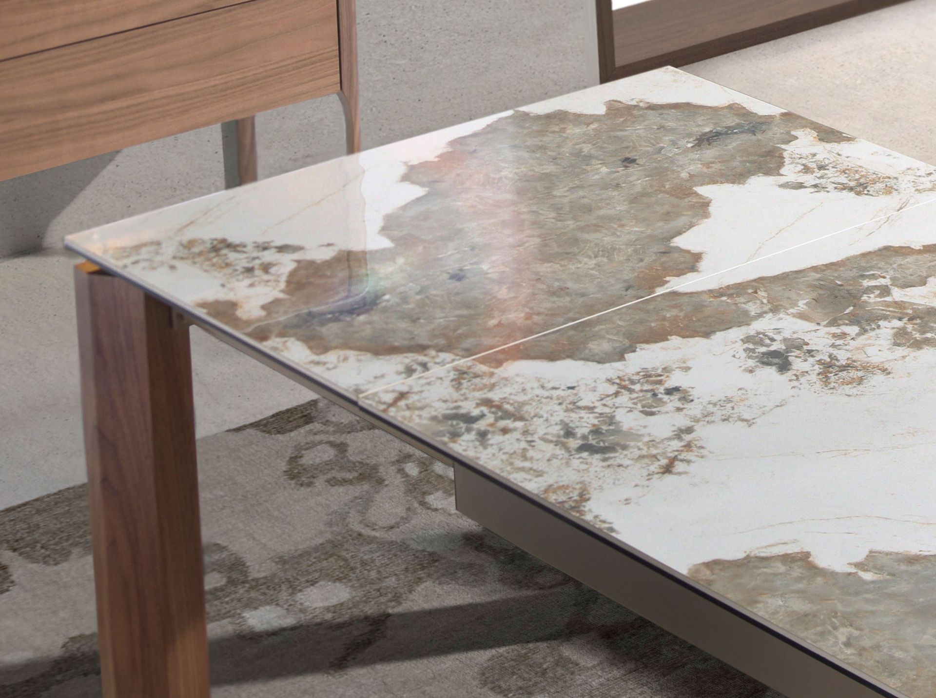 Rectangular porcelain marble and walnut extending dining table