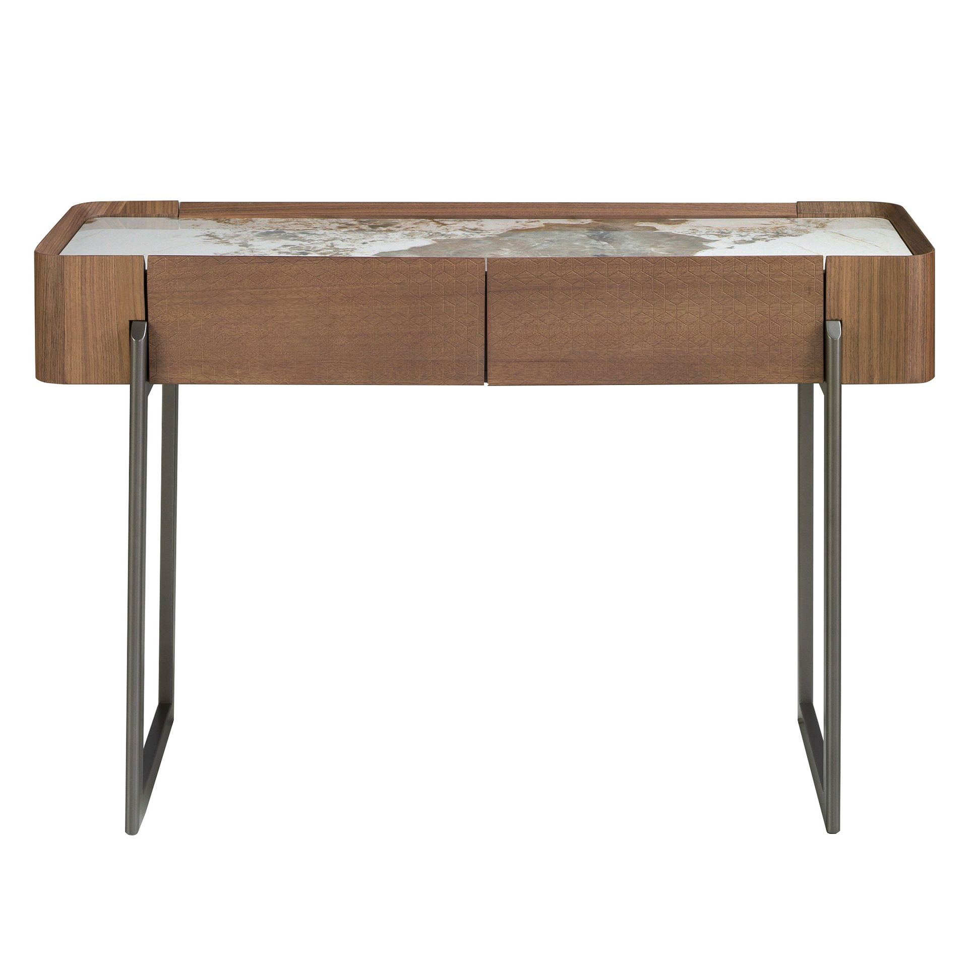 Rectangular porcelain marble, walnut and dark metallic steel console table