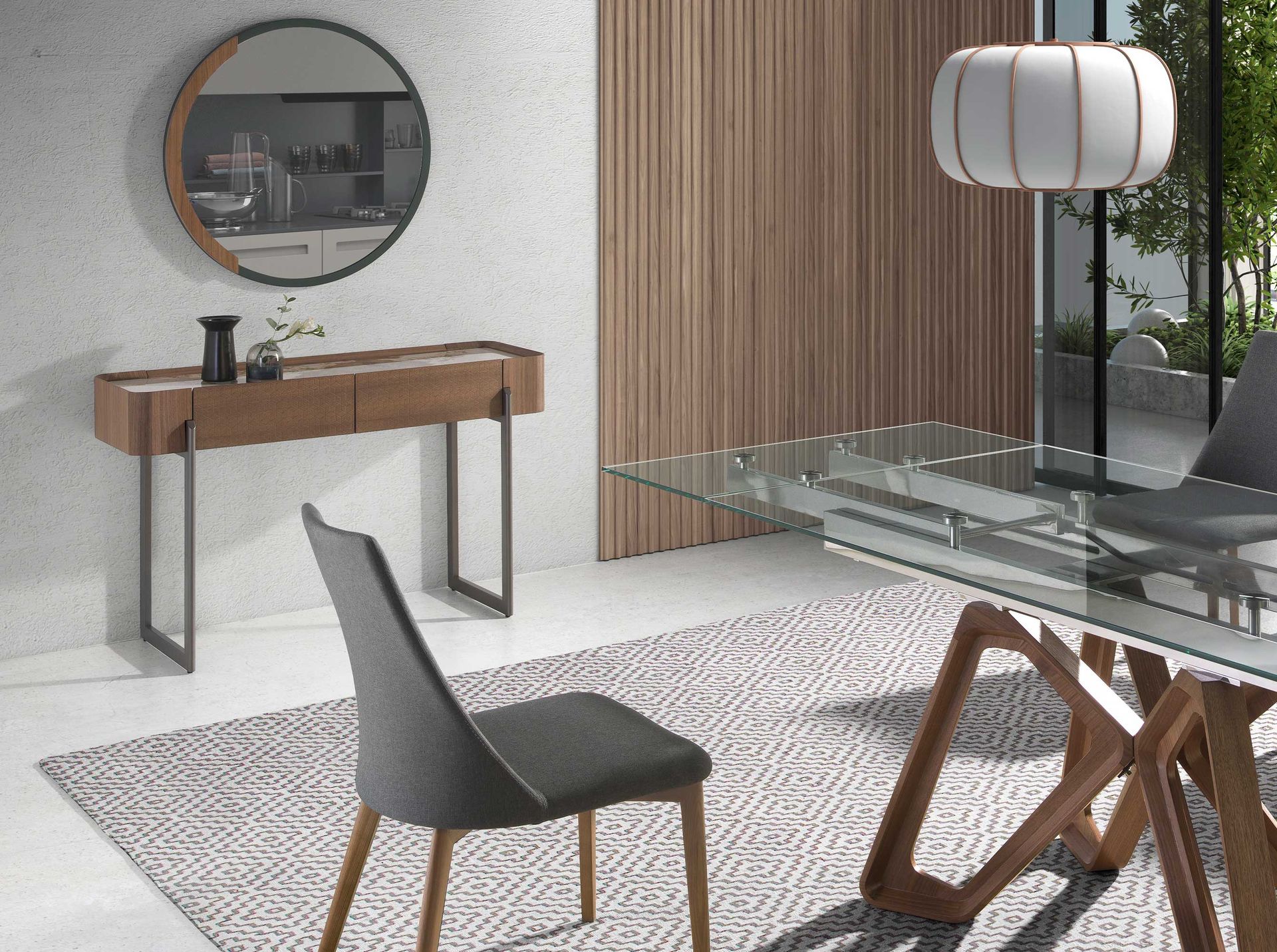 Rectangular porcelain marble, walnut and dark metallic steel console table
