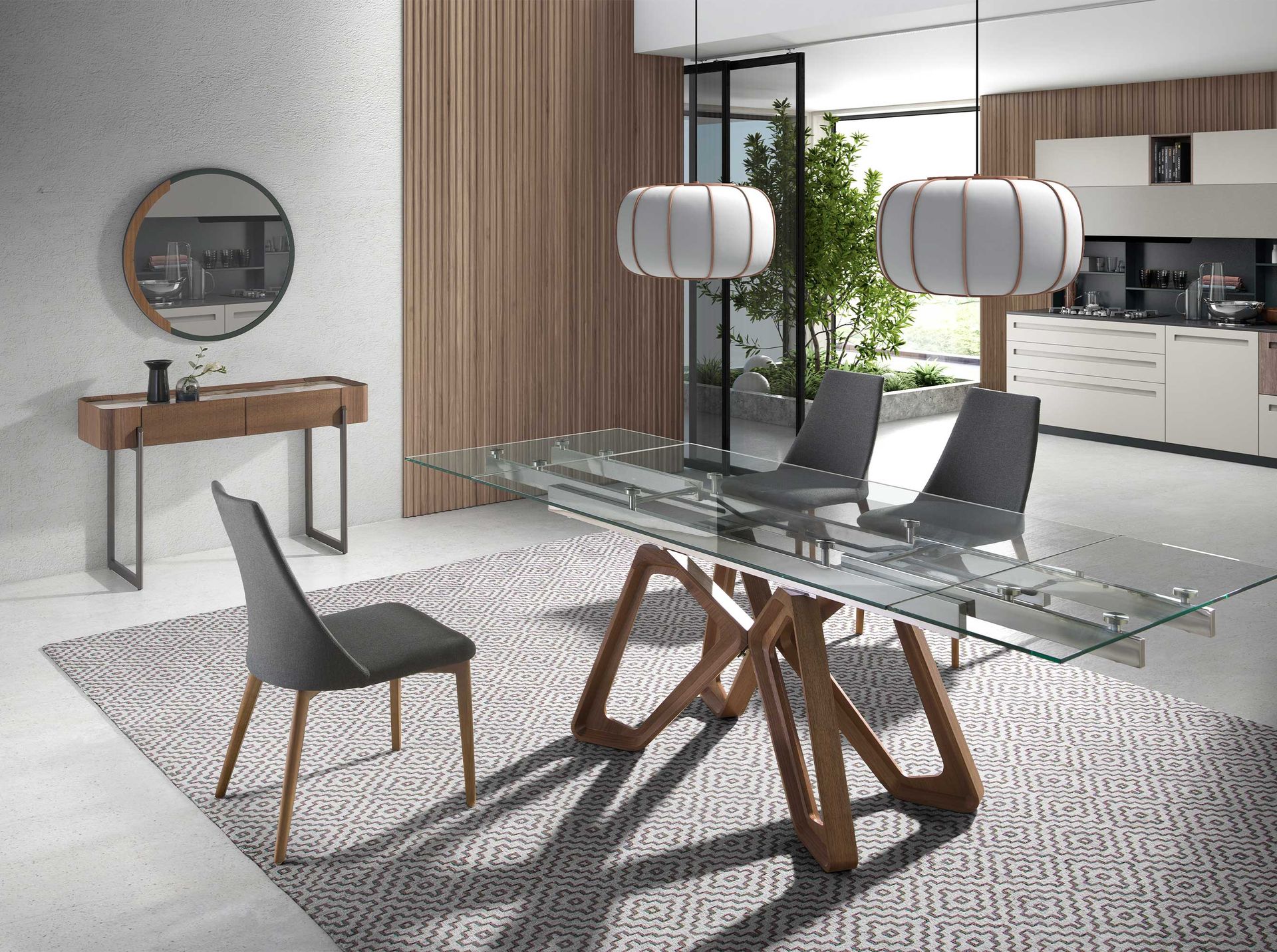 Rectangular porcelain marble, walnut and dark metallic steel console table