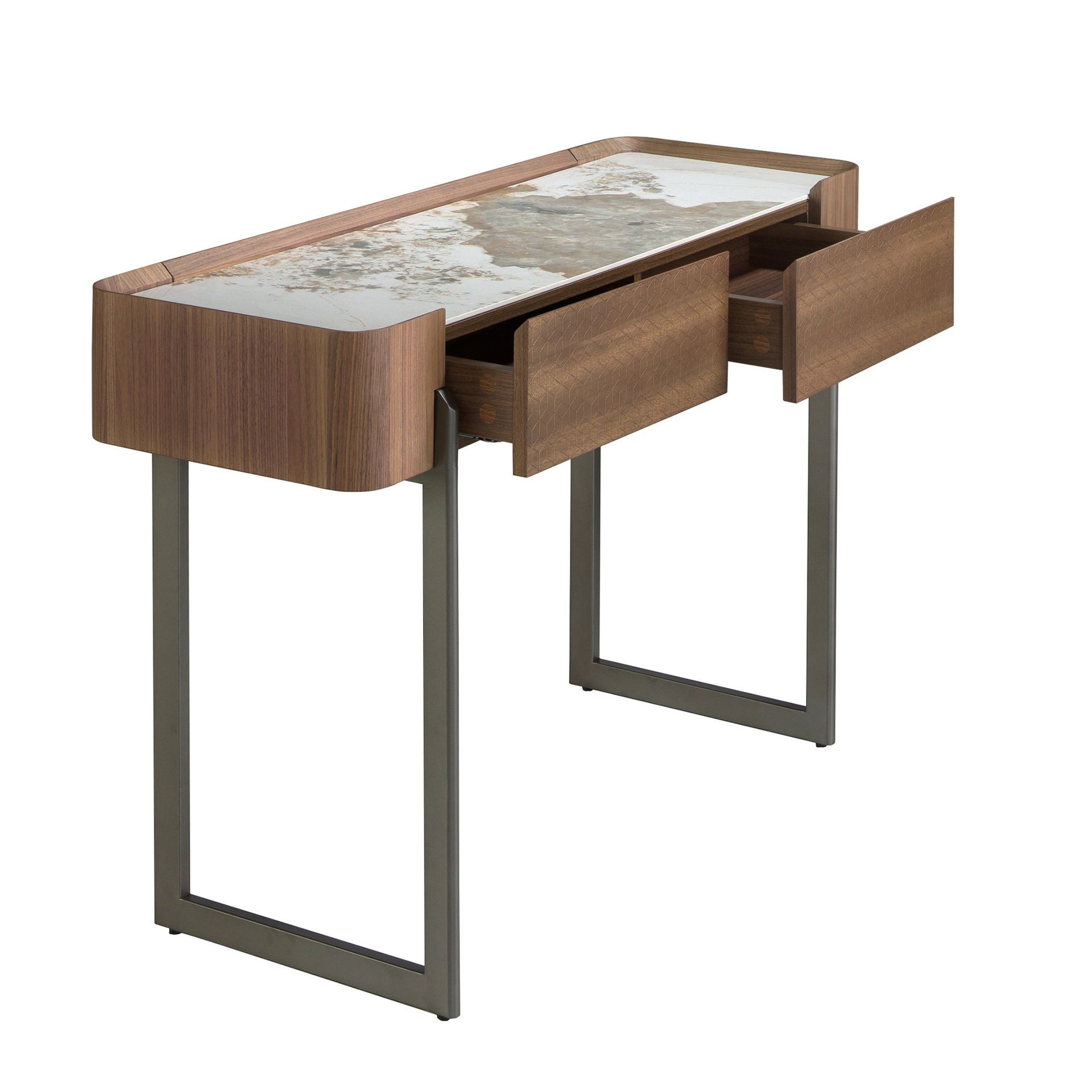 Rectangular porcelain marble, walnut and dark metallic steel console table