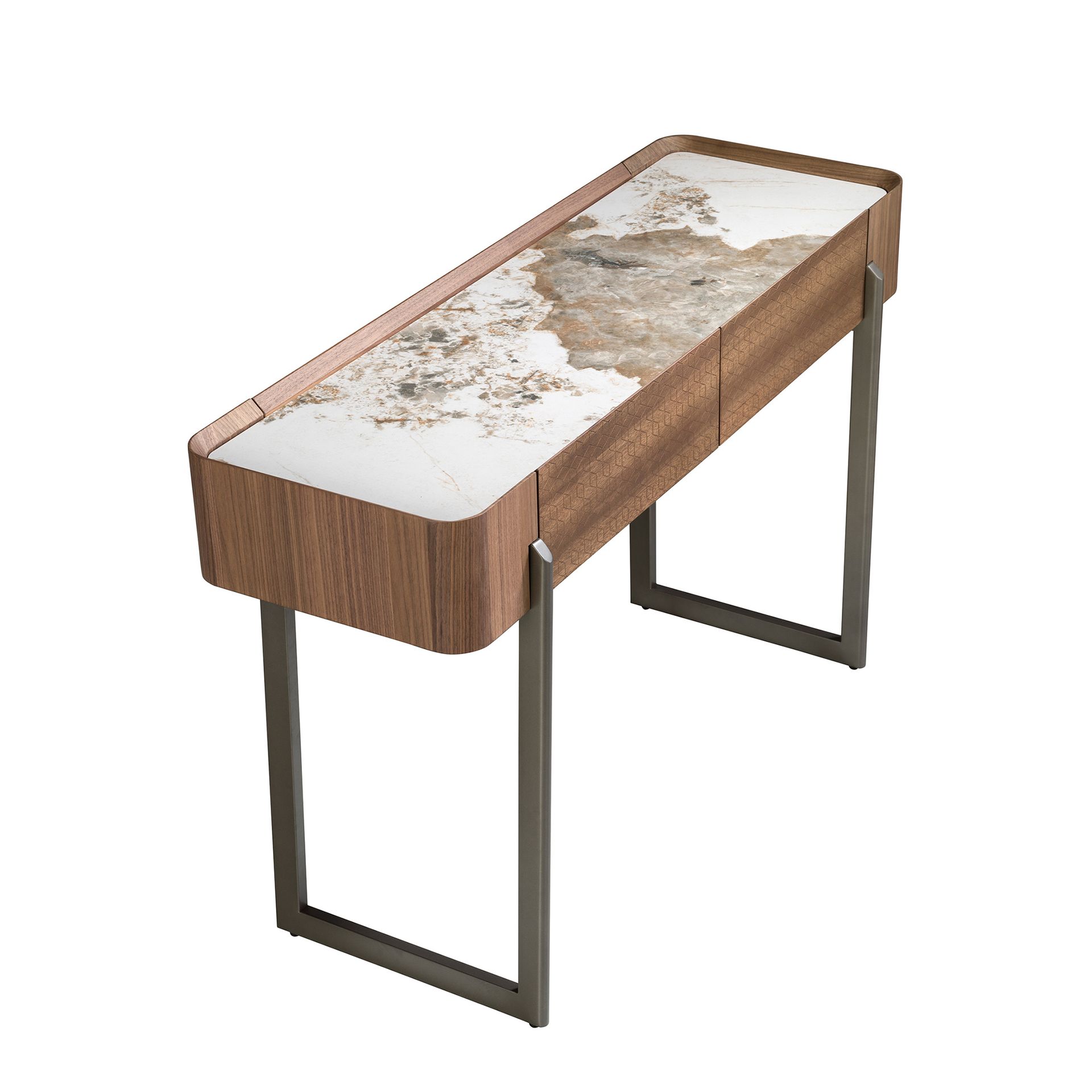 Rectangular porcelain marble, walnut and dark metallic steel console table