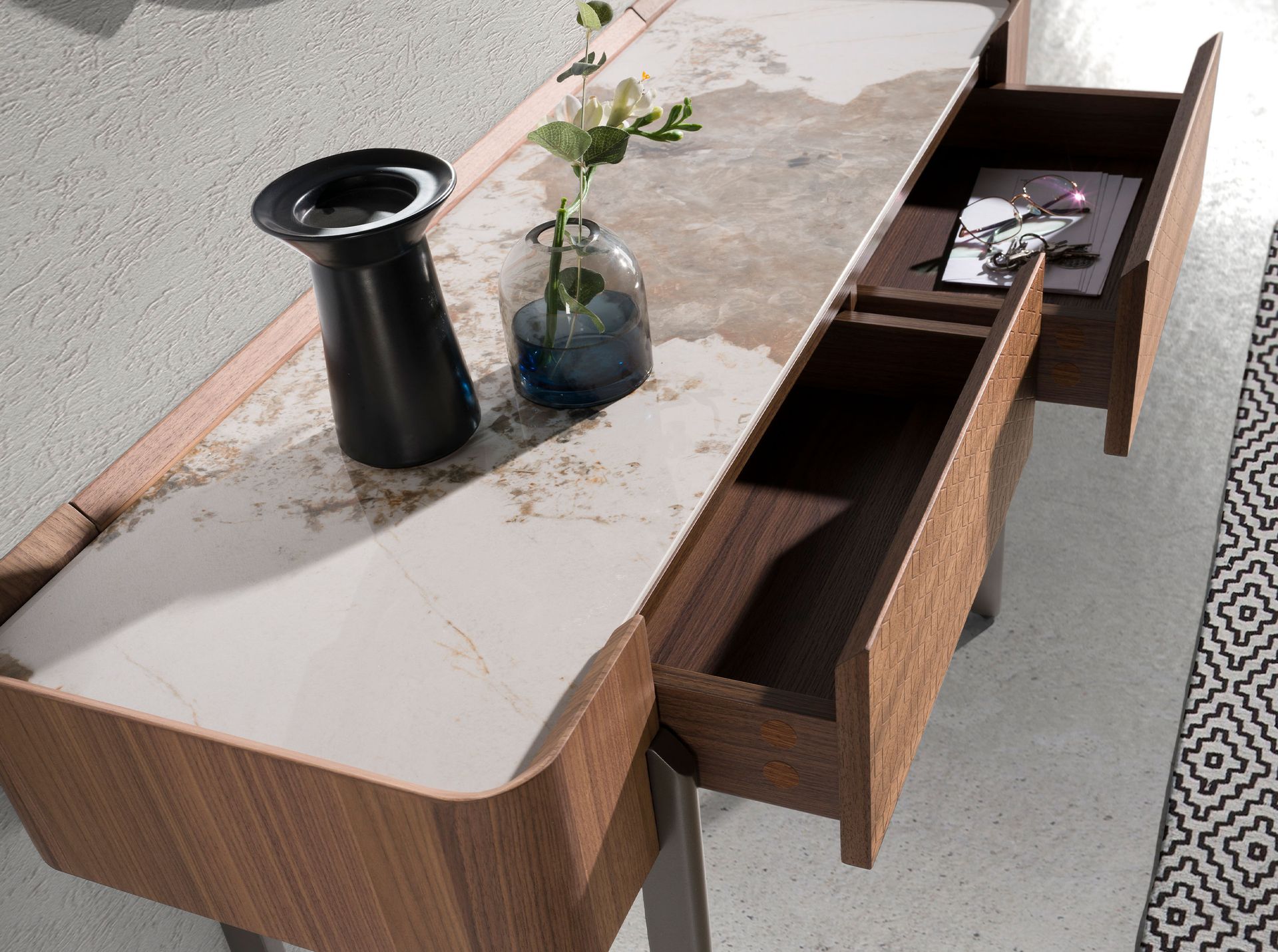 Rectangular porcelain marble, walnut and dark metallic steel console table