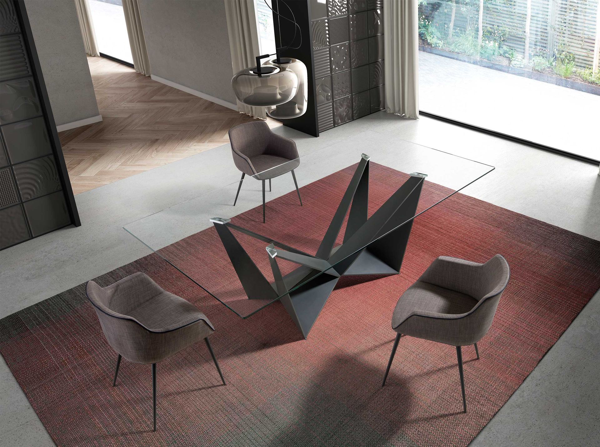 Rectangular tempered glass and black steel dining table