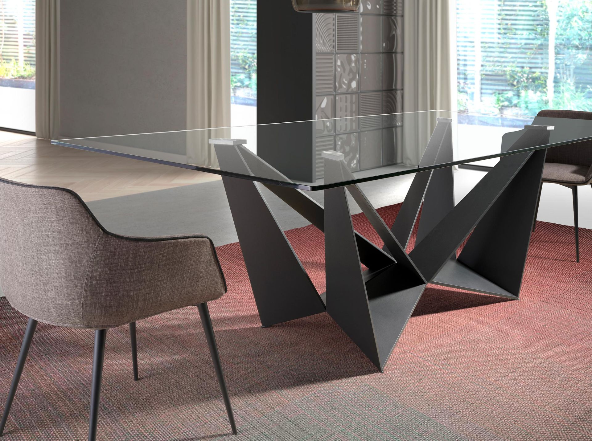 Rectangular tempered glass and black steel dining table