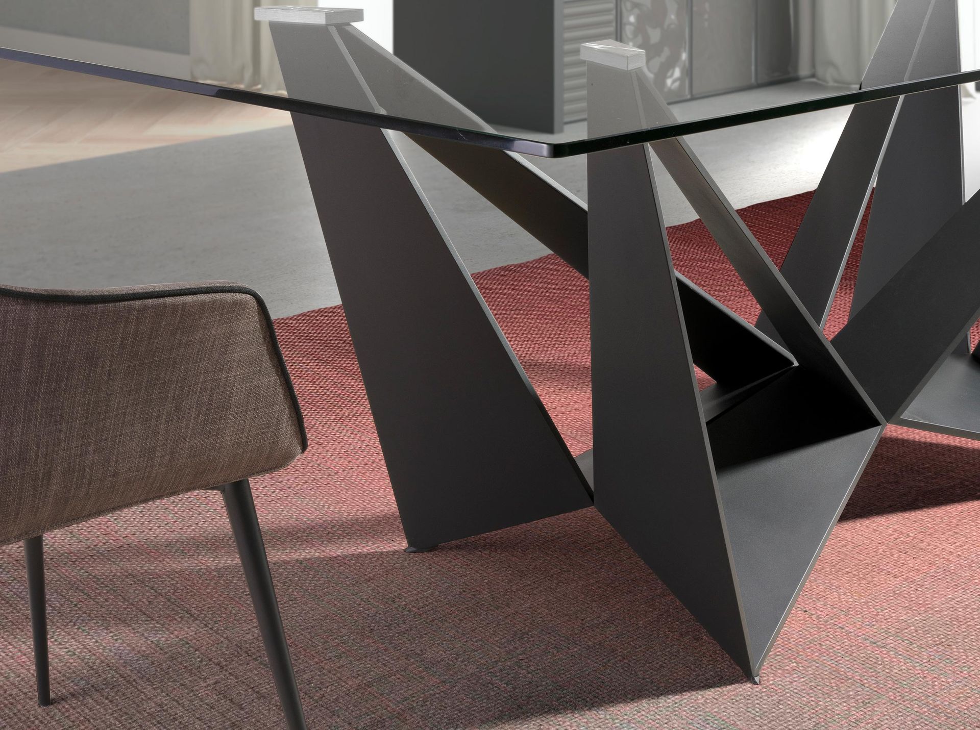 Rectangular tempered glass and black steel dining table