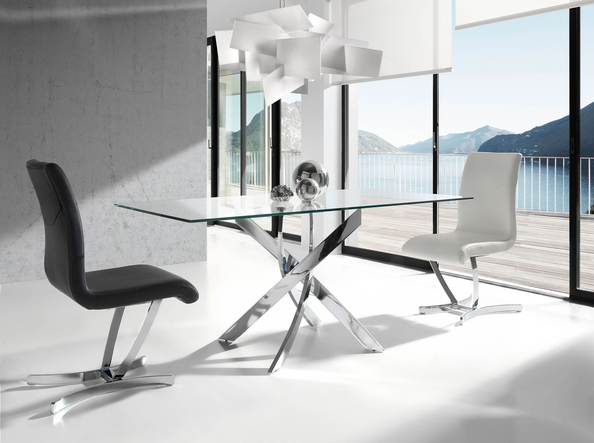 Rectangular tempered glass and chrome-plated steel dining table