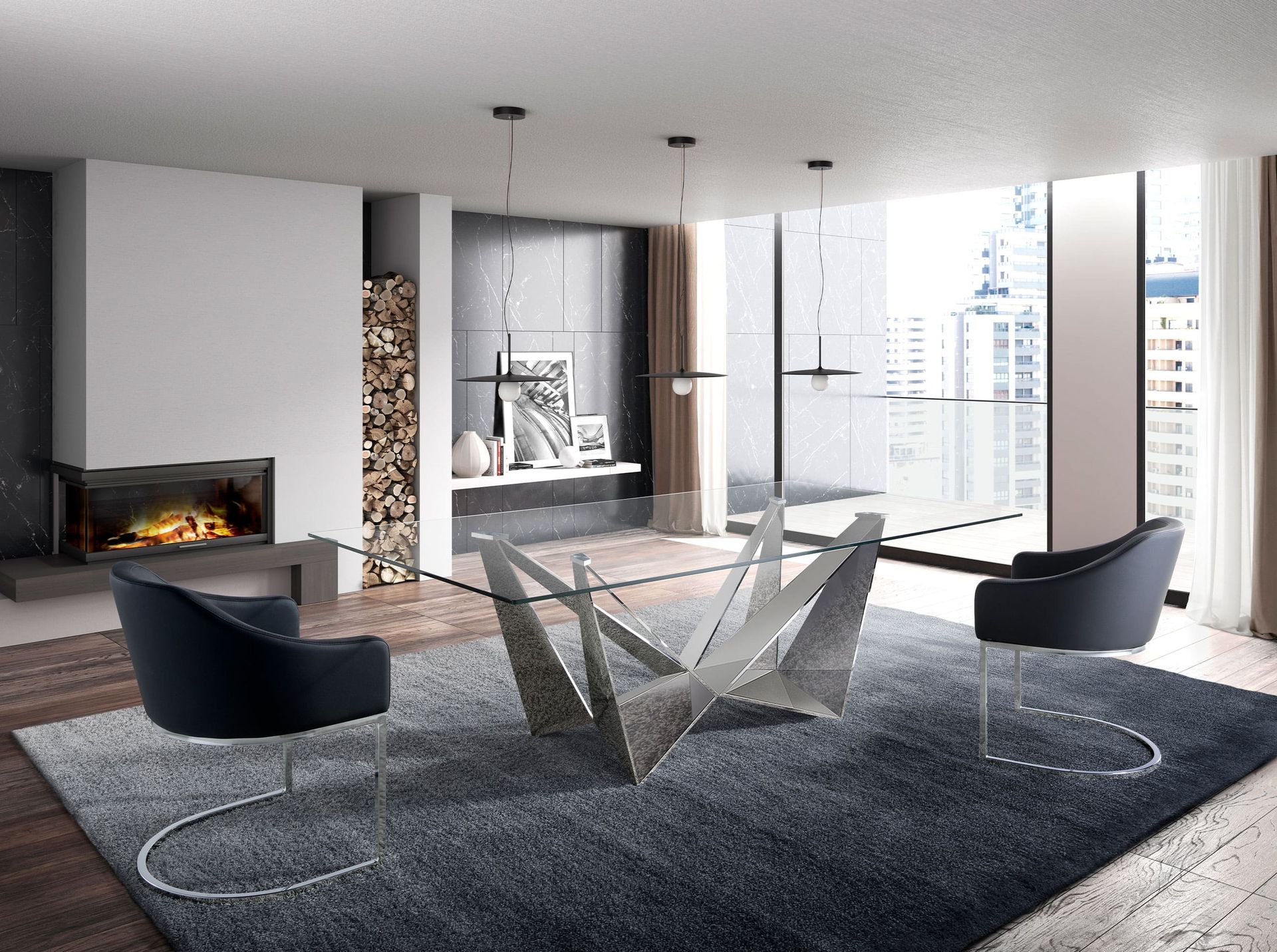 Rectangular tempered glass and chrome-plated steel dining table