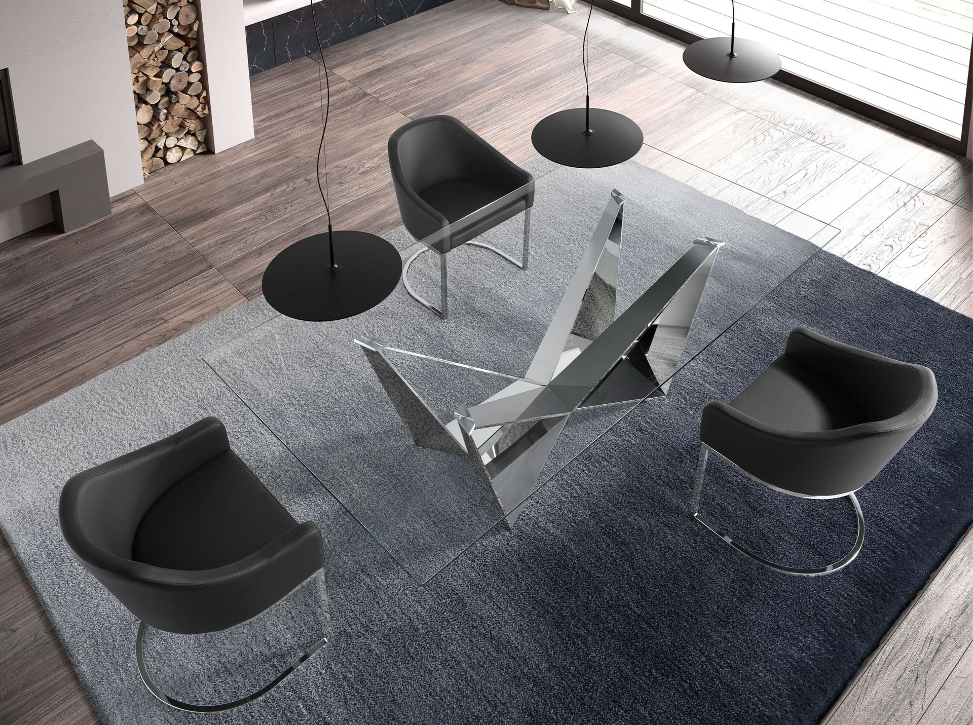 Rectangular tempered glass and chrome-plated steel dining table