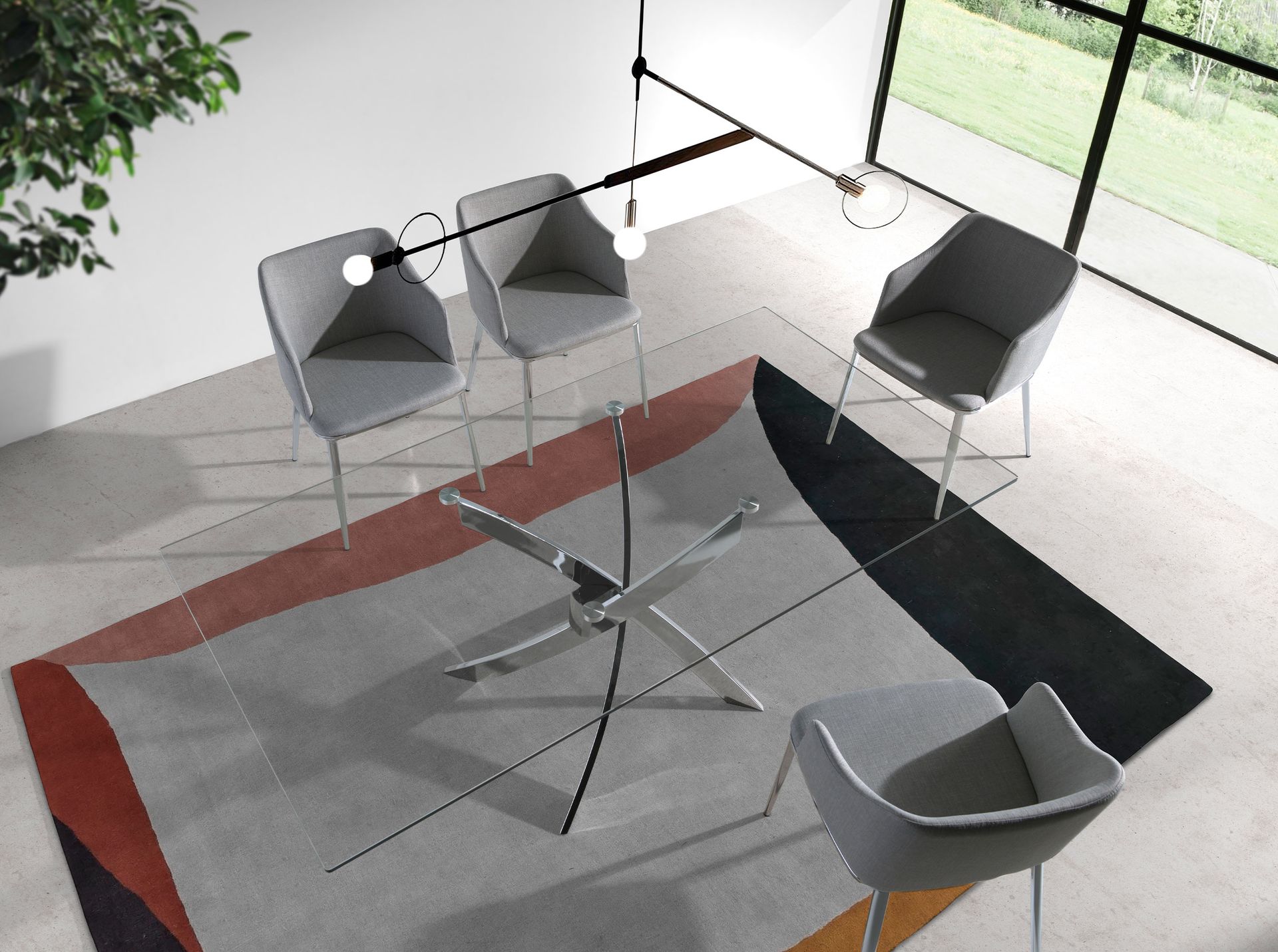 Rectangular tempered glass and chrome-plated steel dining table