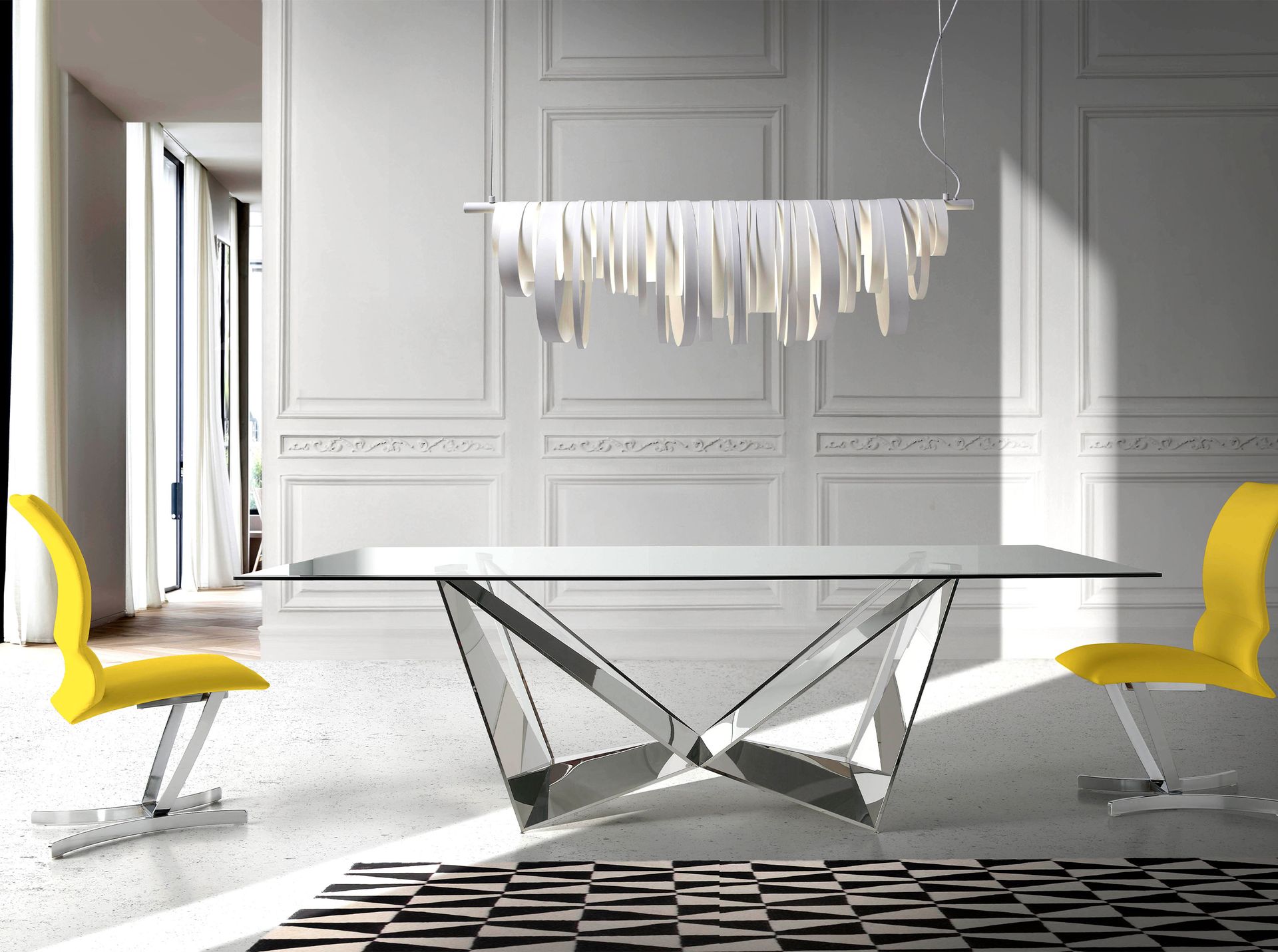 Rectangular tempered glass and chrome-plated steel dining table