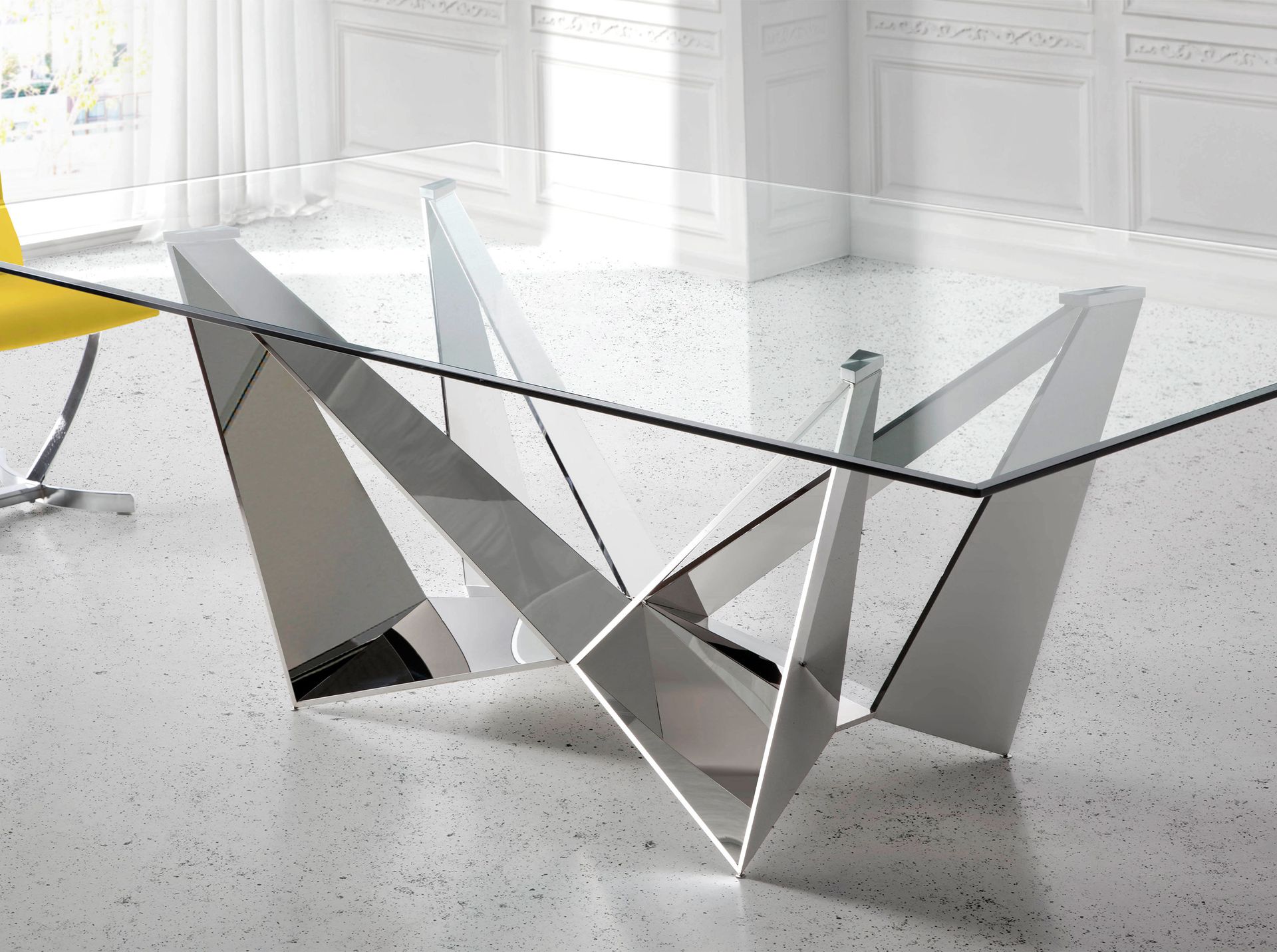 Rectangular tempered glass and chrome-plated steel dining table