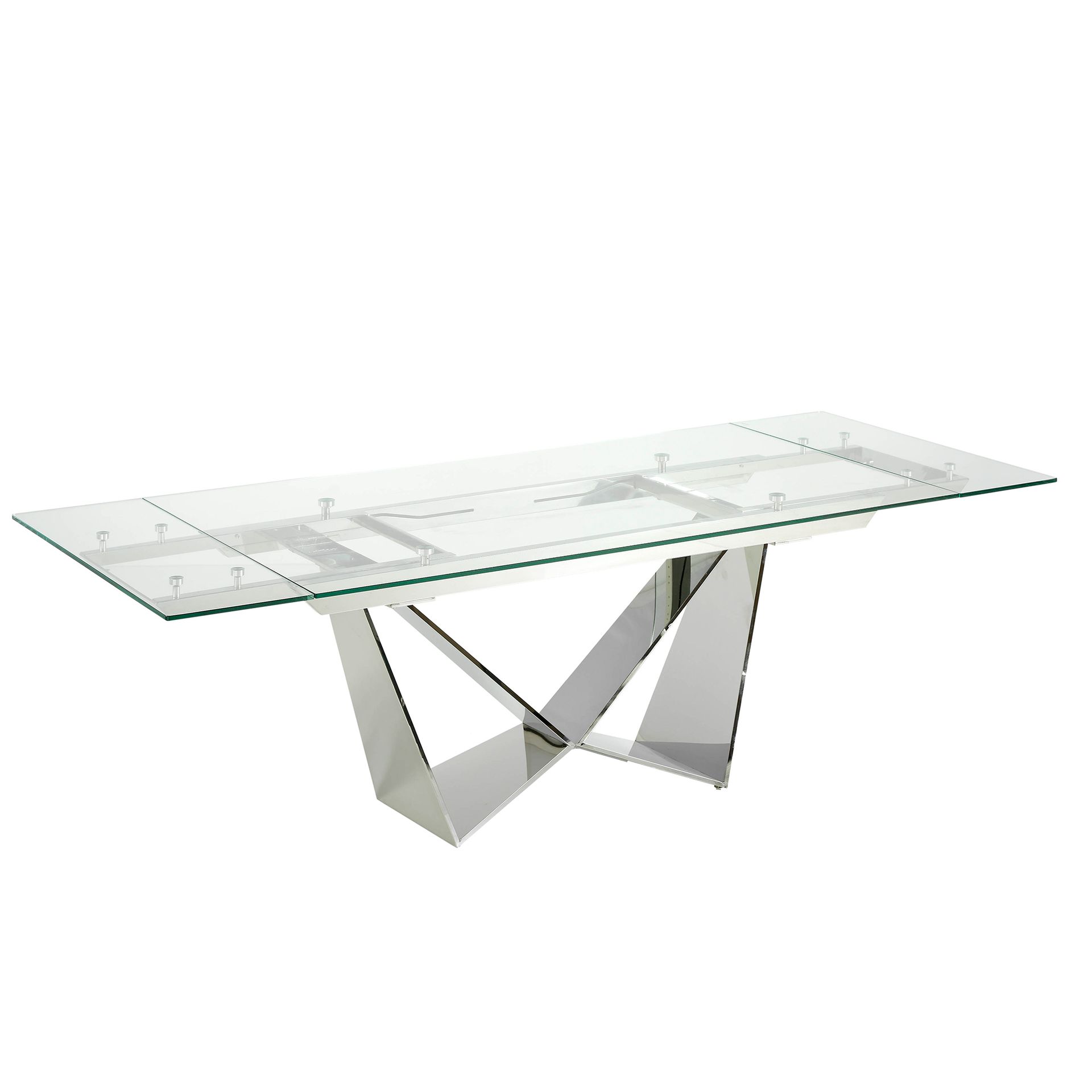 Rectangular tempered glass and chrome-plated steel extending dining table