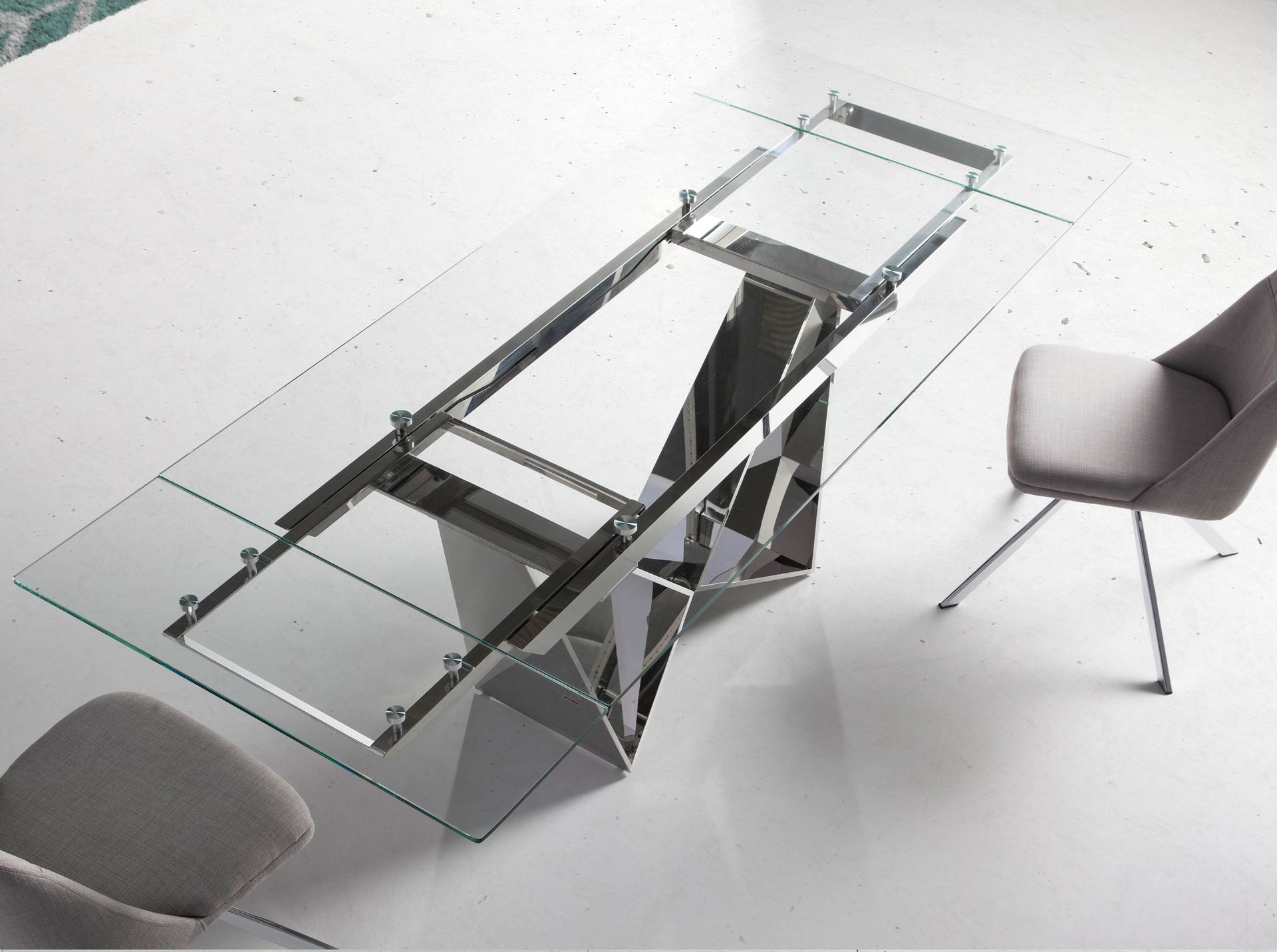 Rectangular tempered glass and chrome-plated steel extending dining table
