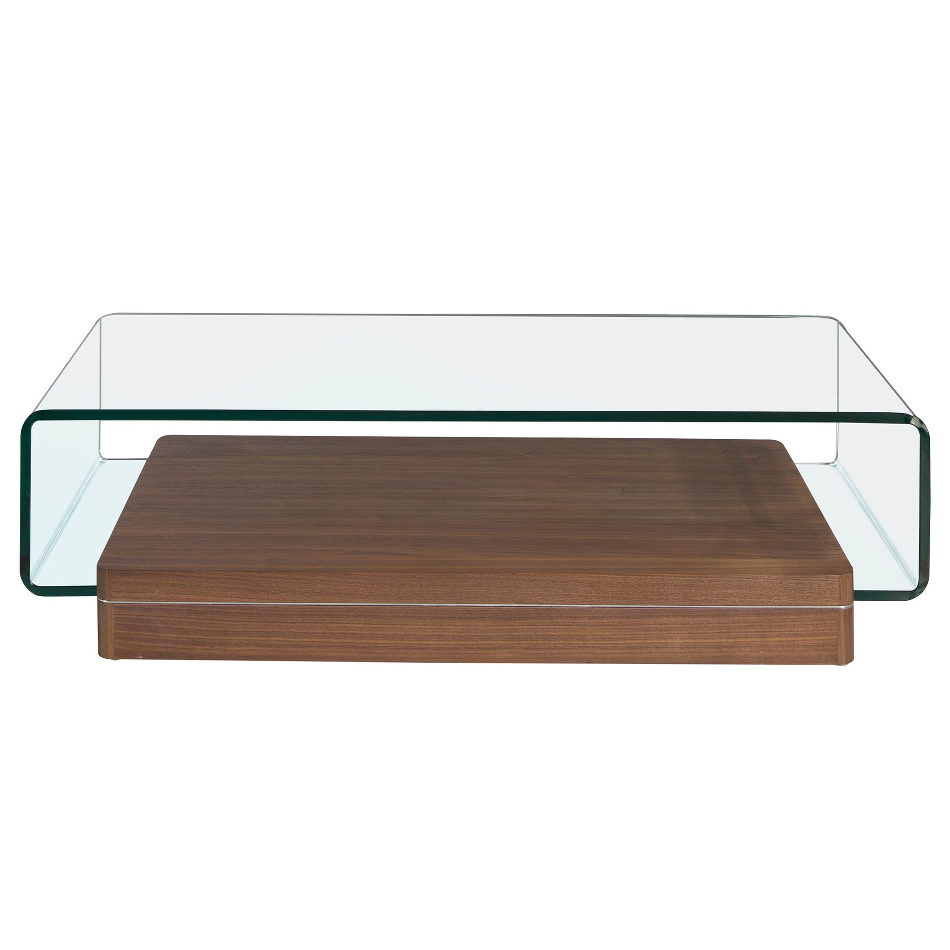 Rectangular tempered glass and walnut coffee table