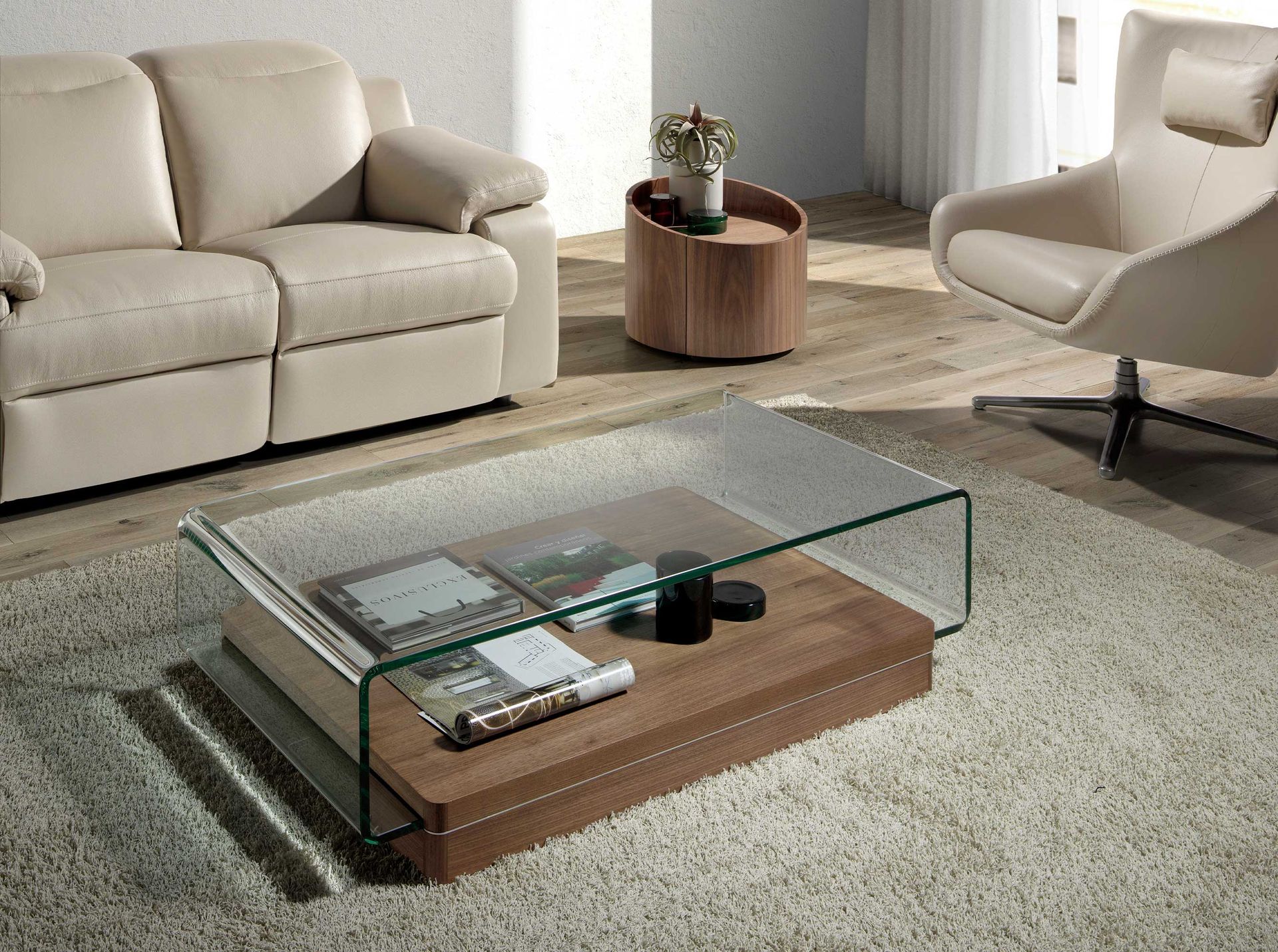 Rectangular tempered glass and walnut coffee table